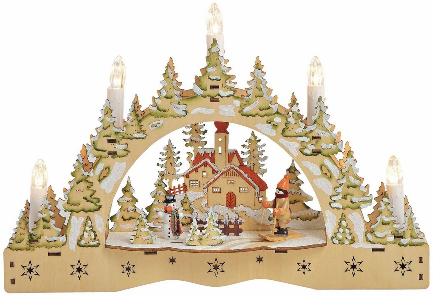 Spetebo LED Schwibbogen LED Holz Schwibbogen "Winterlandschaft" - 35 cm (1-tlg), Weihnachts Szene mit 5 LED Kerzen warm weiß beleuchtet Bild 1