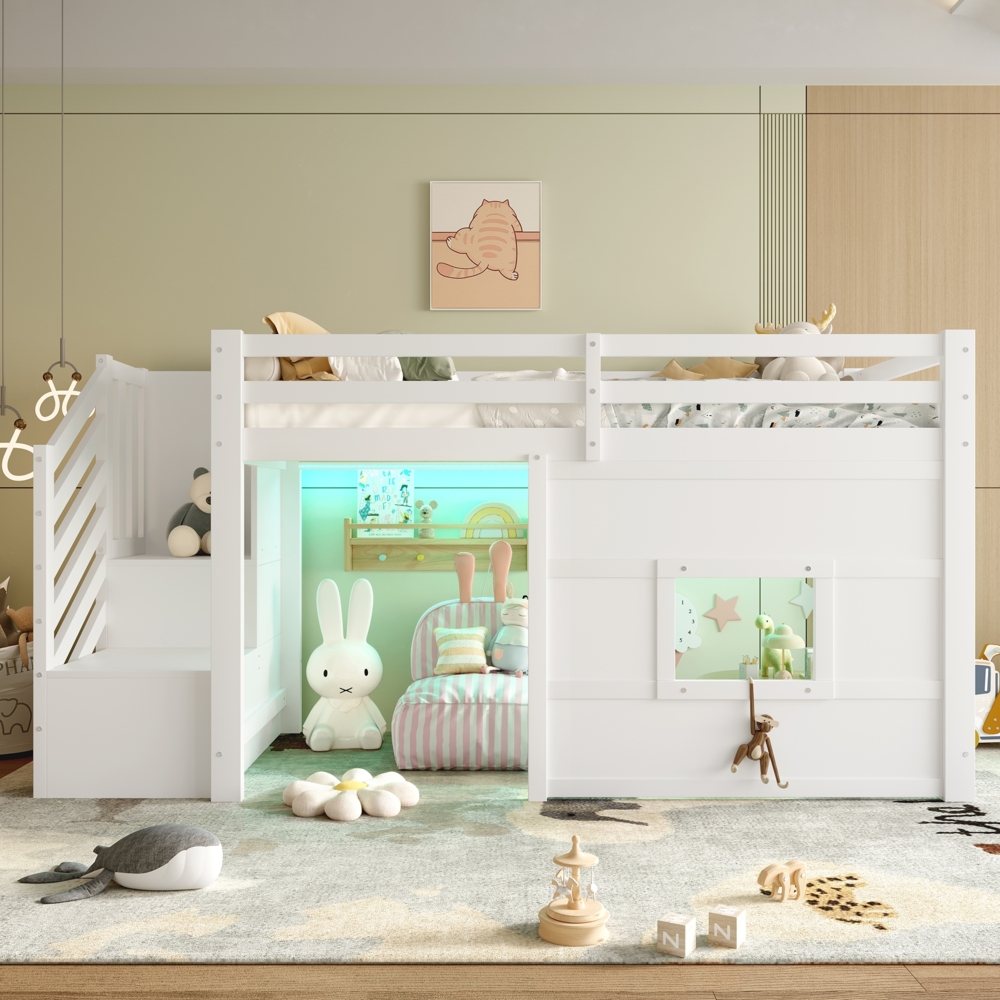 Merax Hochbett Etagenbett 90x200cm mit Rausfallschutz, Kinderbett Hausbett mit Led, Einzelbett Holzbett mit Fenster, Kinderbett Stockbett, Weiß Bild 1