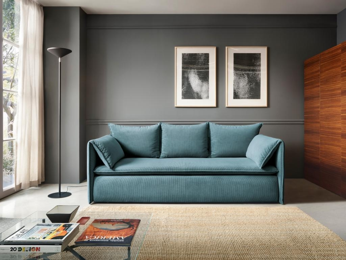 Vente-unique - Sofa 3-Sitzer - Mit Schlaffunktion - Cord - Blau - TEODORA Bild 1