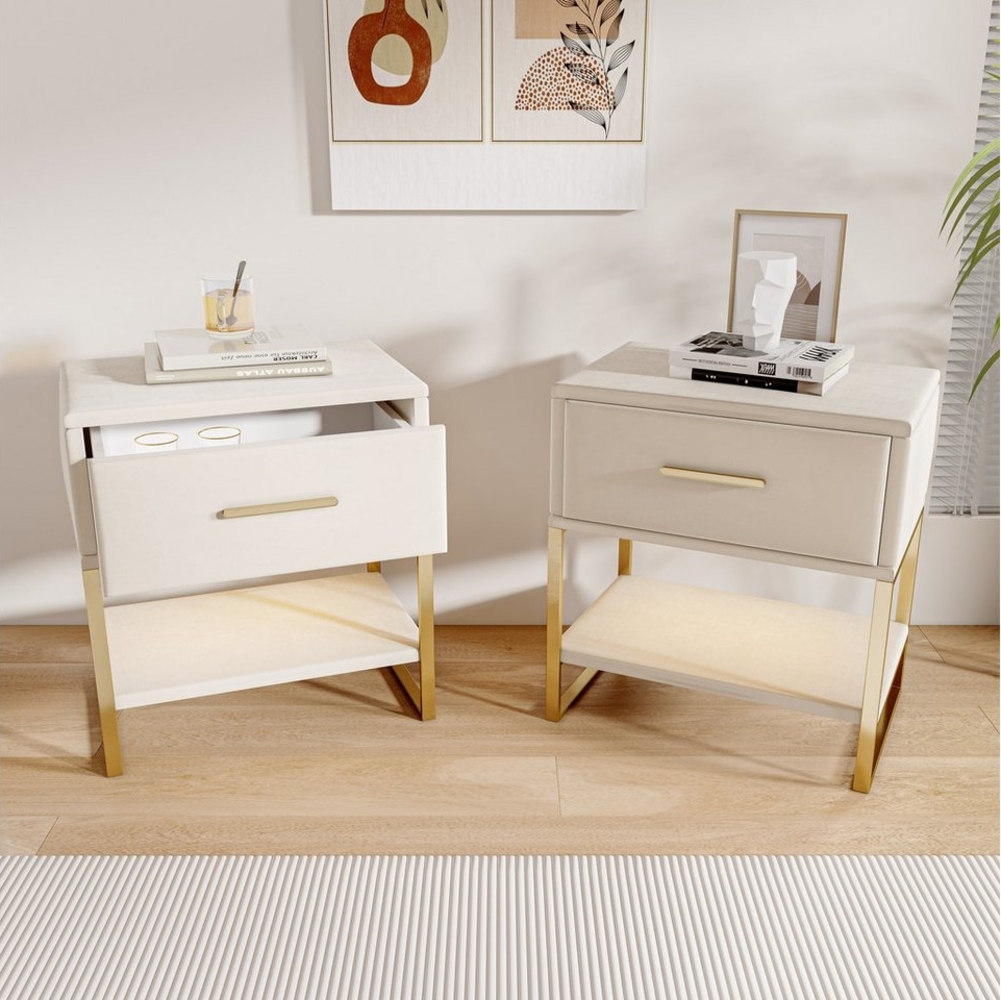 Furnishings Home Nachttisch Wohnzimmertisch Ablagetisch Schreibtisch (2-St, Perfekt für Wohnzimmer und Schlafzimmer), LED Beistelltisch mit Schubladen, offene Ablage, Metallbeine Bild 1