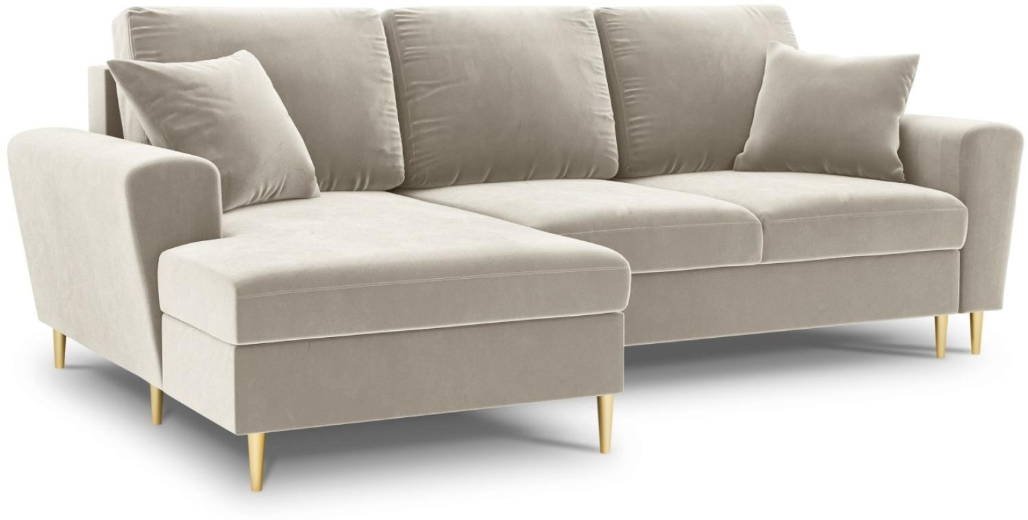 Micadoni 4-Sitzer Samtstoff Ecke links Sofa mit Bettfunktion und Box Moghan | Bezug Light Beige | Beinfarbe Gold Metal Bild 1