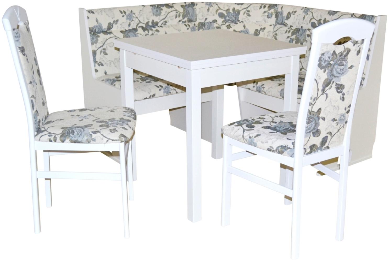 Kleine Eckbankgruppe "Anja 1W", weiß / Stoff beige mit Blumendessin Bild 1