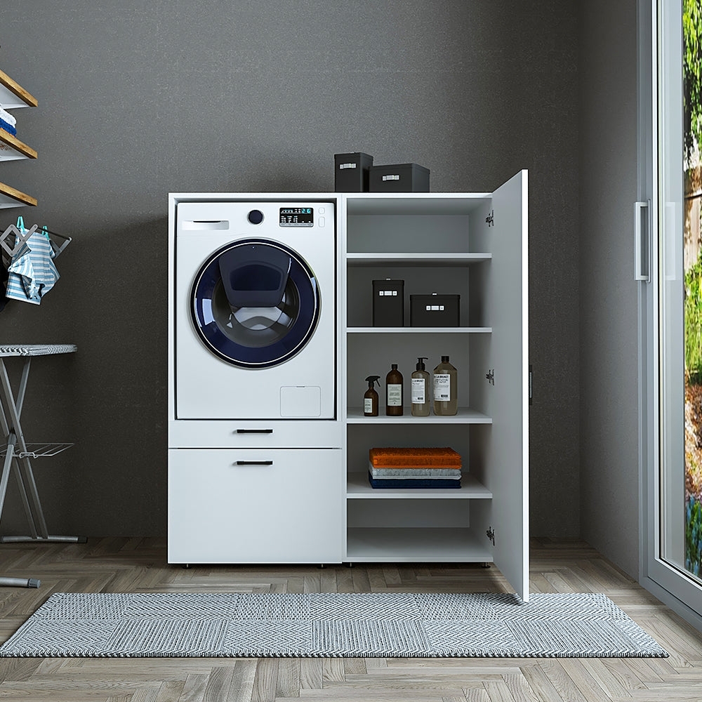 Roomart • Waschmachinenschrank für Hauswirtschaftsraum • HBT: 145 x 127 x 66,8 cm • Mit Schubladen und Ausziehbrett • Weiß Bild 1