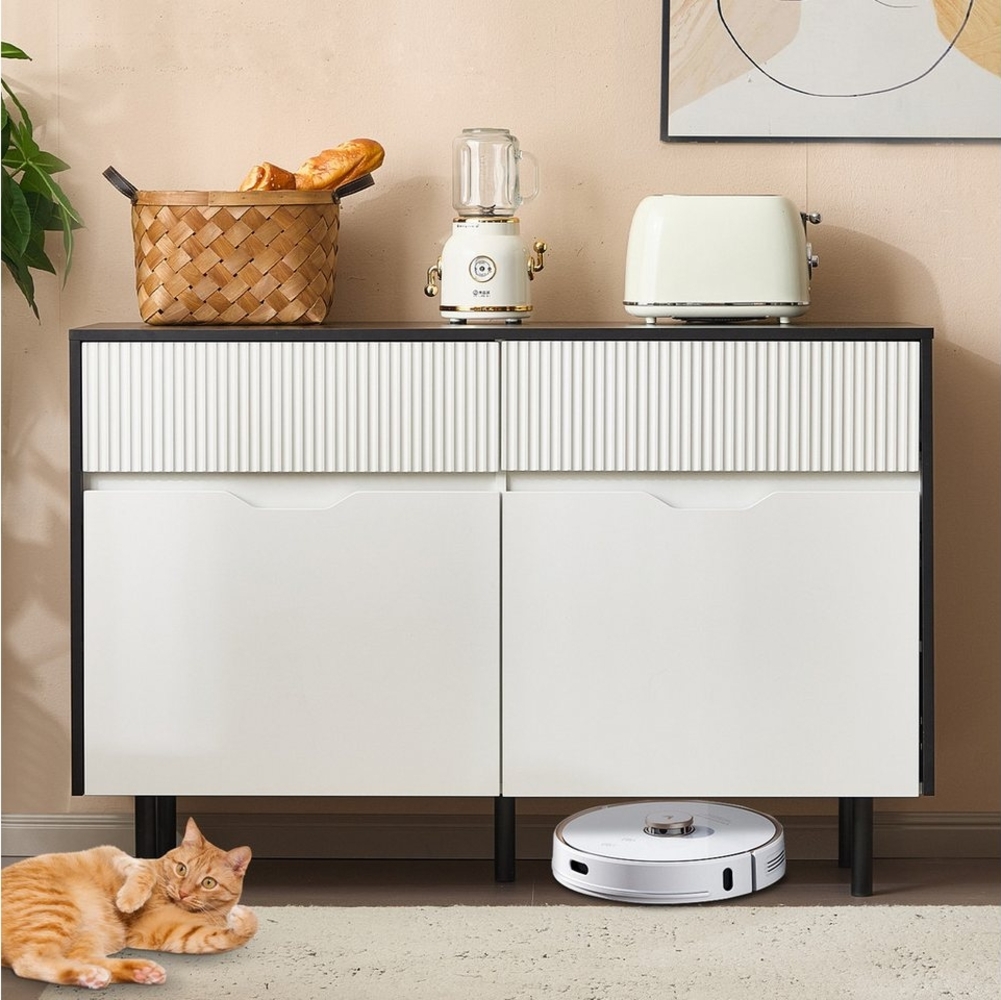 Ulife Sideboard Aufbewahrungsschrank mit 2 Schubladen, 2 Türen, schwarz-weißes Design, Sideboard-Buffet, Schrank-Organisator, 120x40x80cm Bild 1