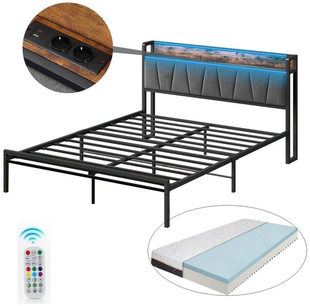 DOPWii Bettgestell Bettgestell,90x200/140x200cm,Einzel-/Doppelbett,Jugendbett,betten (Jugendbett *1), Metallbett mit Polsterkopfteil,LED,Steckdose Anschlüssen,USB & Typ-C Bild 1