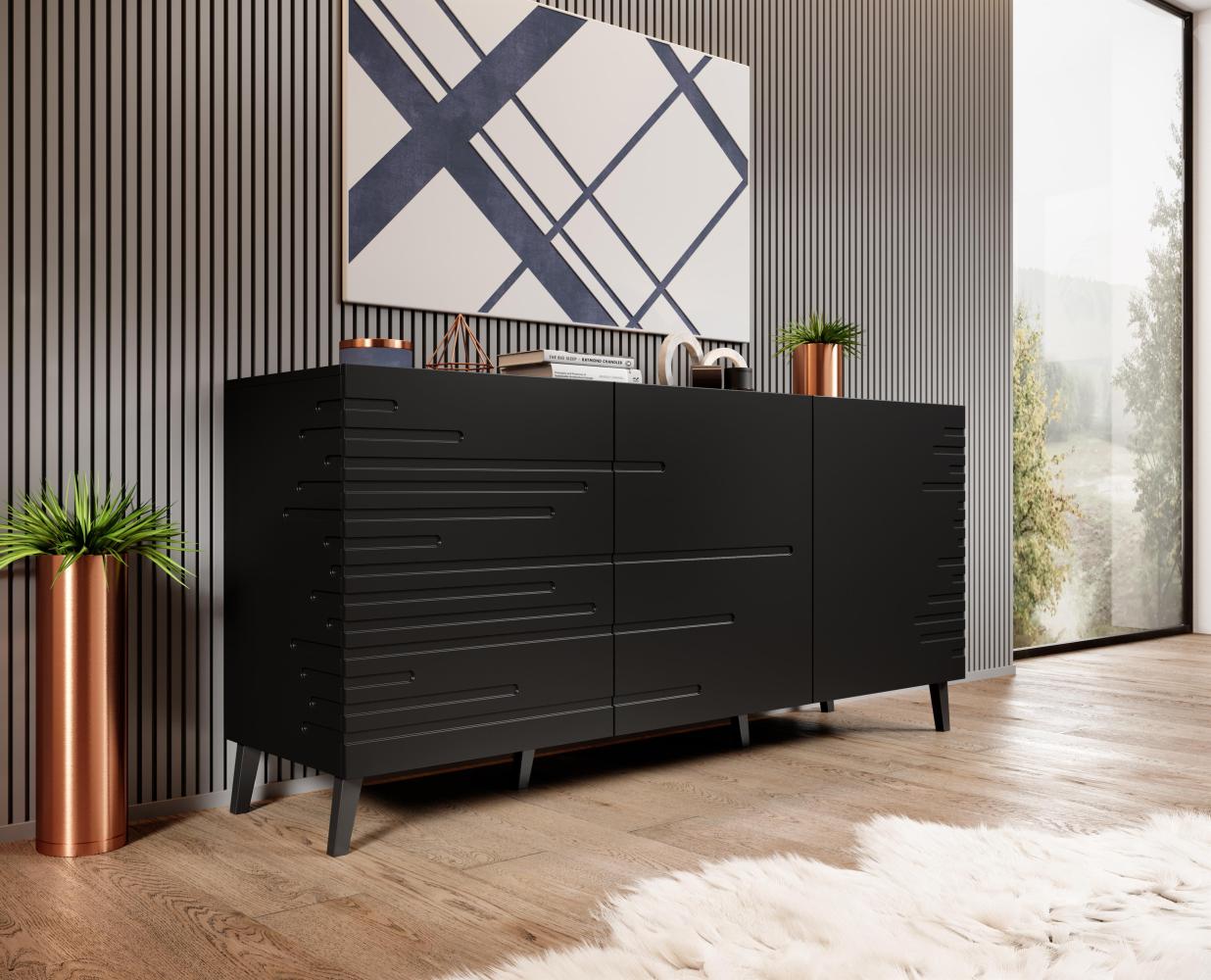 Domando Sideboard Cilento Modern Breite 155cm, modern gefräste Fronten und Seiten in Schwarz Matt Bild 1