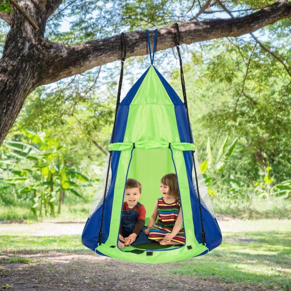 COSTWAY Ø100cm Nestschaukel mit Zelt Tür & Fenster Gartenschaukel 150kg belastbar Kinderschaukel inkl. höhenverstellbarem hängendem Seil für In- & Outdoor Grün Bild 1