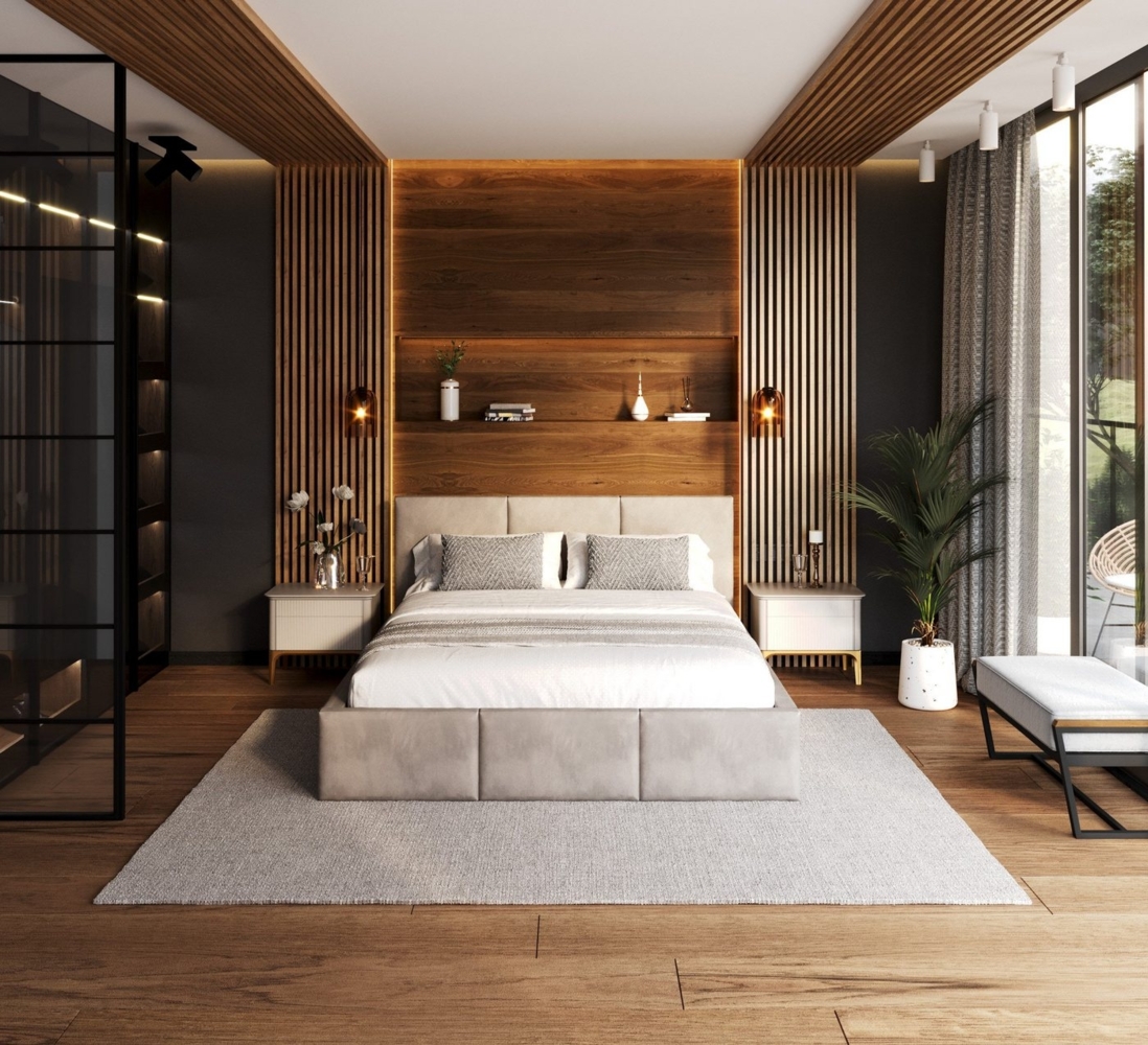 FDM Polsterbett Bettrahmen Bettgestell 90x200, 120x200, 140x200, 160x200, 180x200cm (MADE IN EU - mit hochwertigem Velours Bezug, Bettrahmen, Bett, Optional mit Matratze bestellbar, mit großen gepolsterten Kopfteil, mit Bettkasten zum aufklappen), Meta... Bild 1