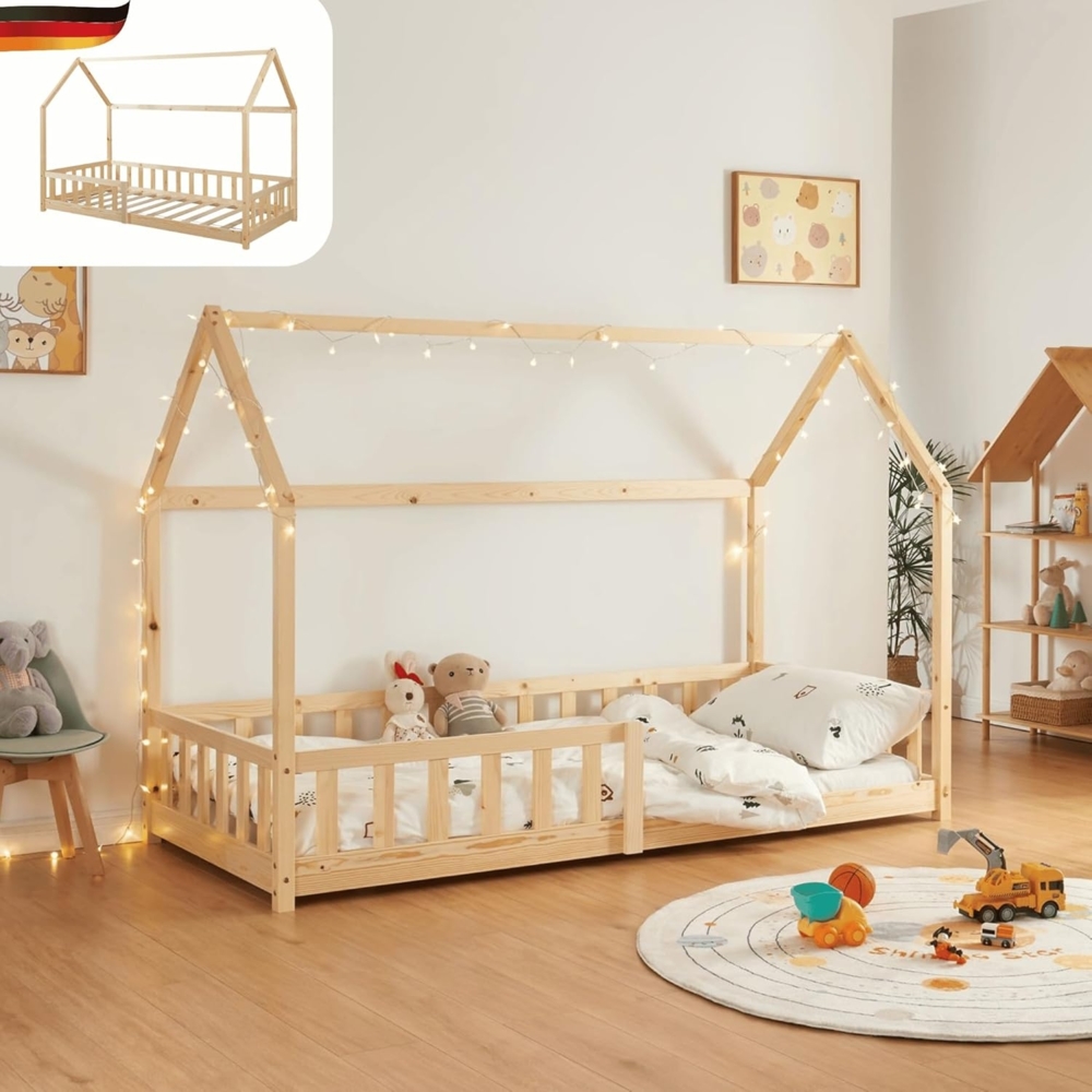 DELUKE® Kinderbett 90x200 OKLA - mit Lattenrost Rausfallschutz Haus-OptikEinzelbett aus Holz Hausbett Kinderzimmer Montessori Bett Braun Bild 1