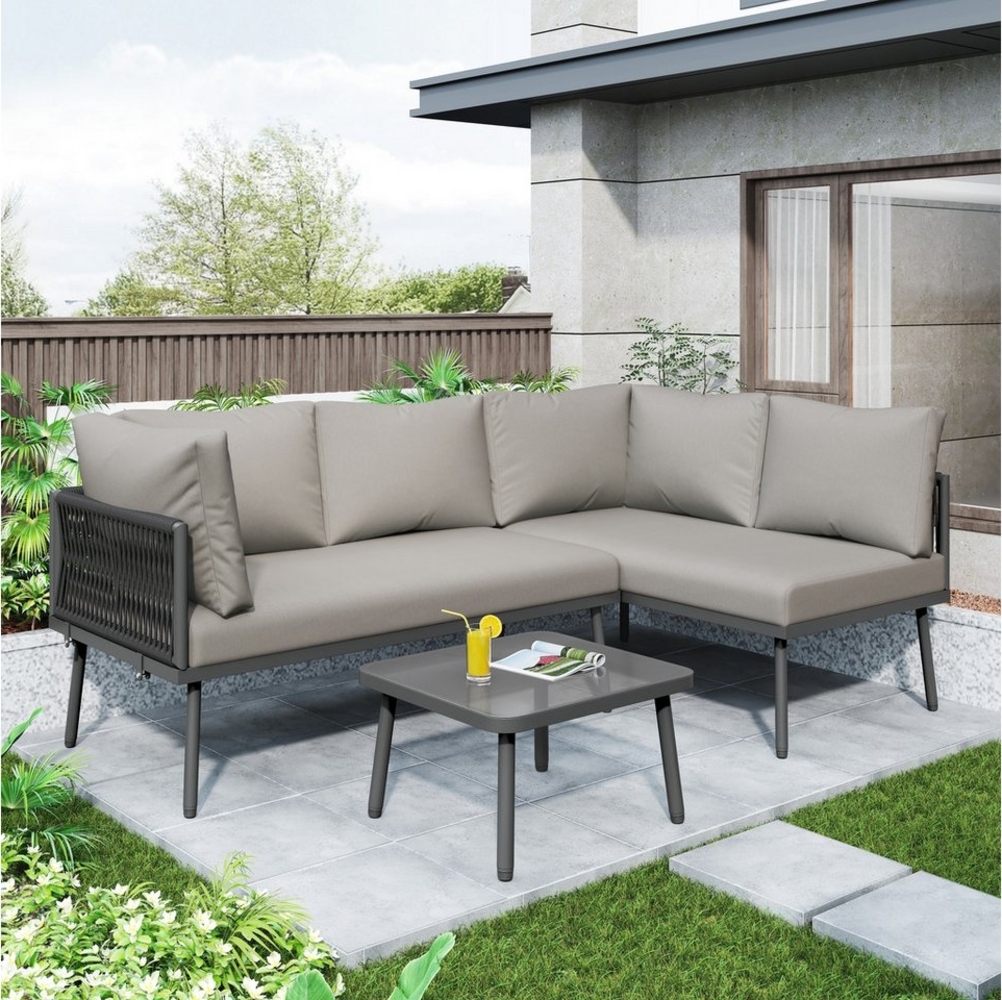 BlingBin Gartenlounge-Set Gartenmöbel Set, L-förmiges Terrassenmöbel, Ecksofa-Set aus Eisen, (1er Set, 1-tlg, Lounge-Set aus mit Sitzkissen, verstellbaren Füßen,2 Sofas und 1 Tisch), Lounge Sitzgruppe, Outdoor, für Terrasse, Balkon, Garten, Grau Bild 1