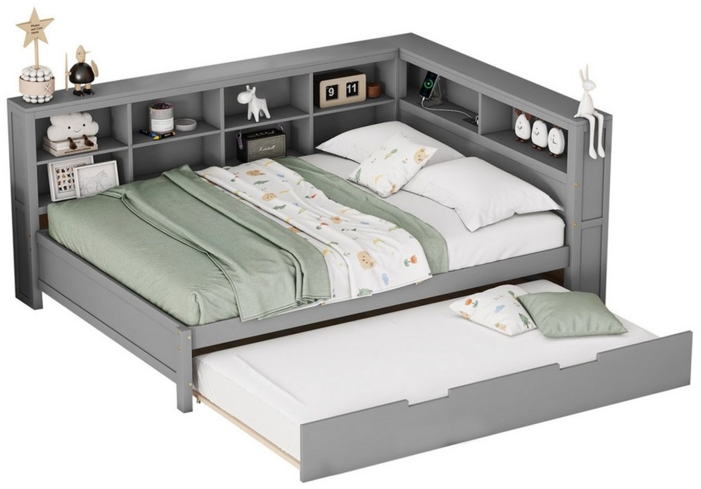 OKWISH Kinderbett Schlafsofa Funktionsbett Stauraumbett (mit Ausziehbett 90x190 cm, USB-Steckdose und Stauraum, Daybett Tagesbett 140x200 cm), ohne Matratze Bild 1