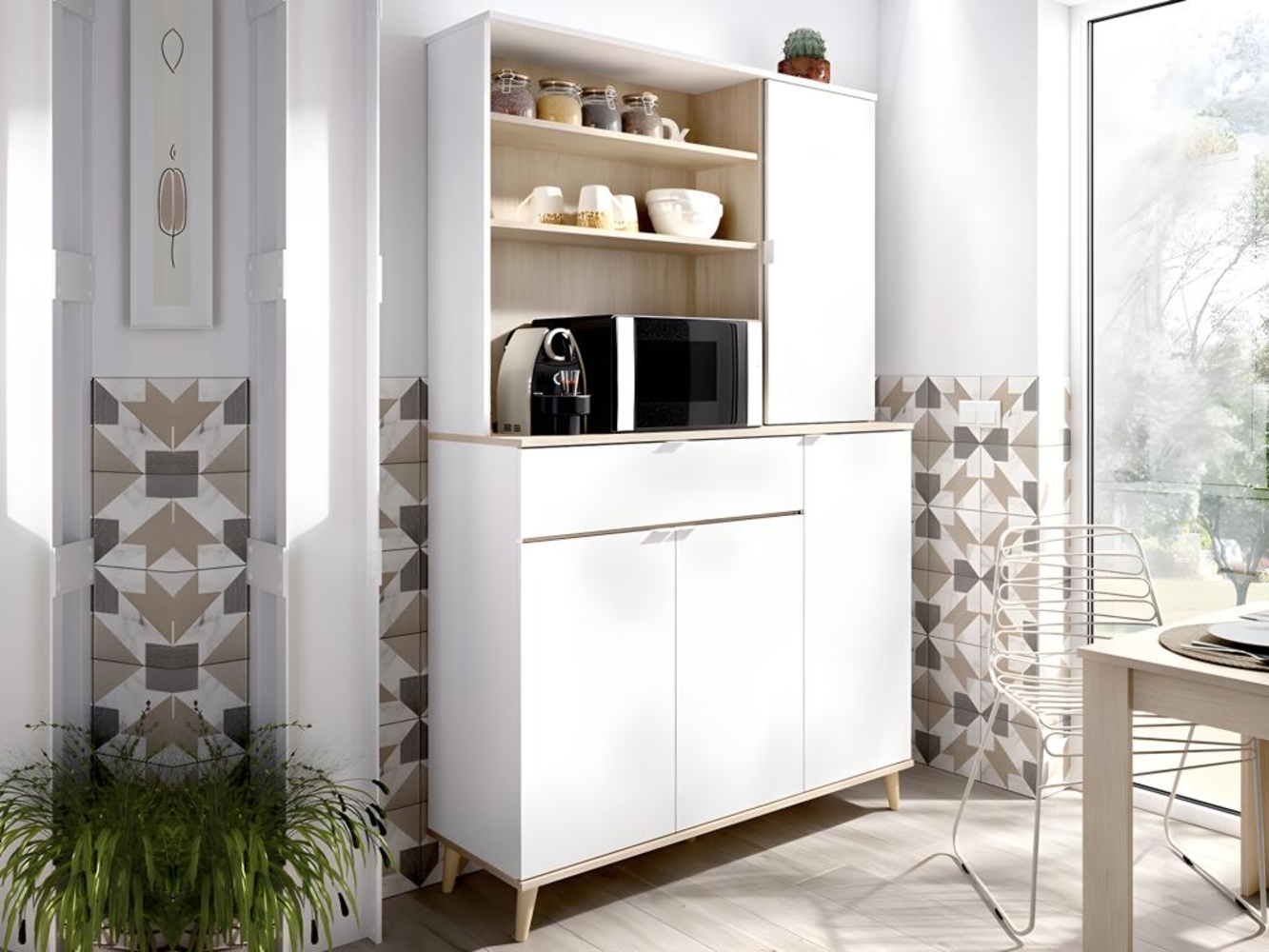 Vente-unique - Küchenschrank mit 4 Türen, 1 Schublade & 3 Ablagen - Weiß & Eichefarben - WAJDI Bild 1
