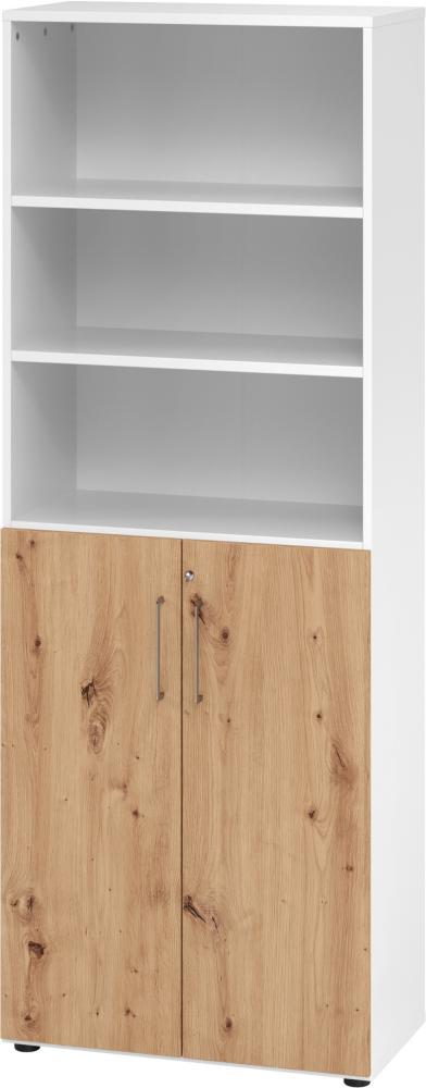 bümö® smart Aktenschrank Kombi abschließbar für 6 Ordnerhöhen in Weiß/Asteiche Bild 1