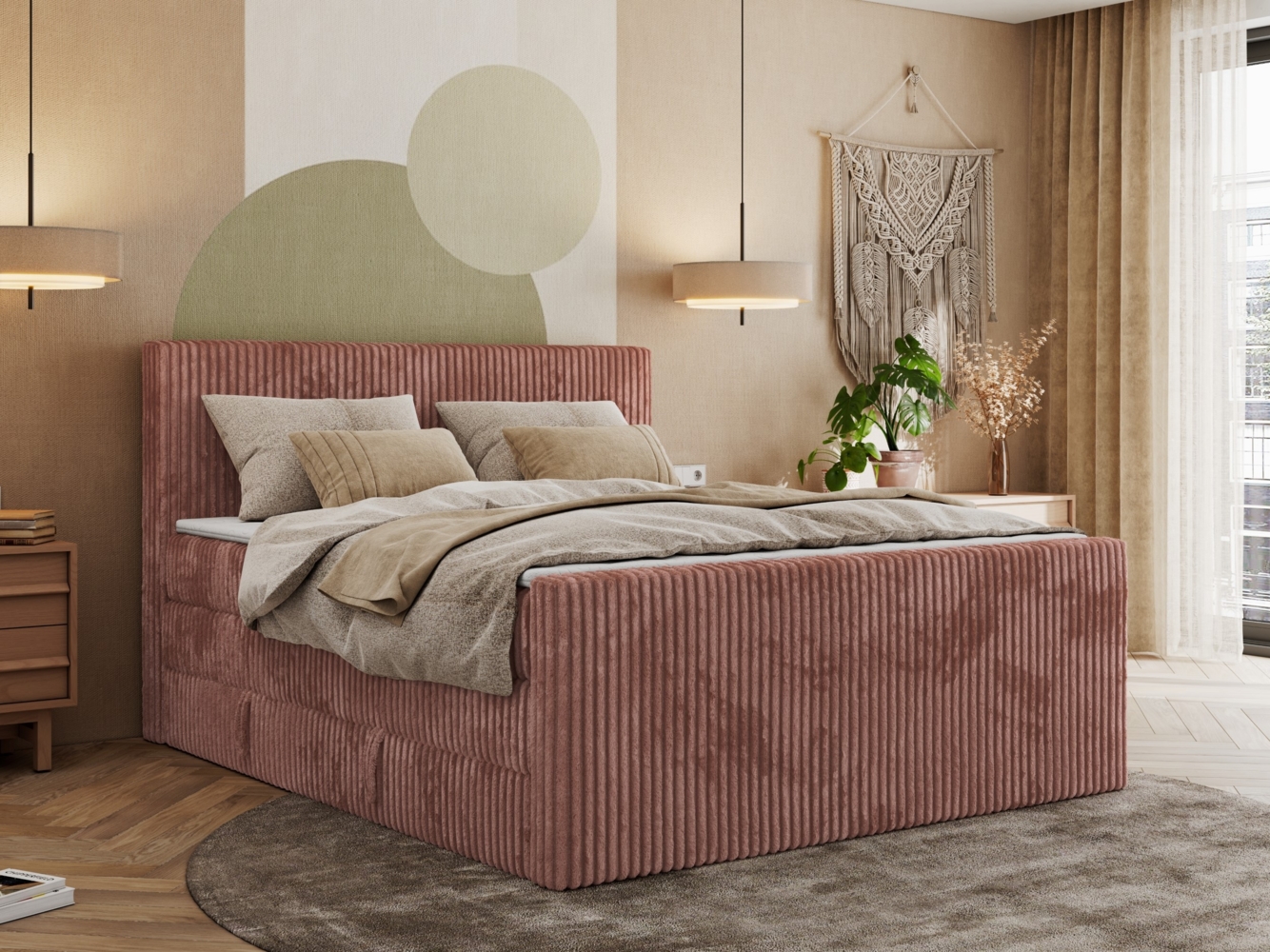 Boxspringbett mit zwei Multipocket-Matratzen und Topper, Doppelbett aus Cordstoff, zwei Bettkästen - TILIANO KING DUO - 200 x 200 cm - Rosa Cord - H3 Bild 1