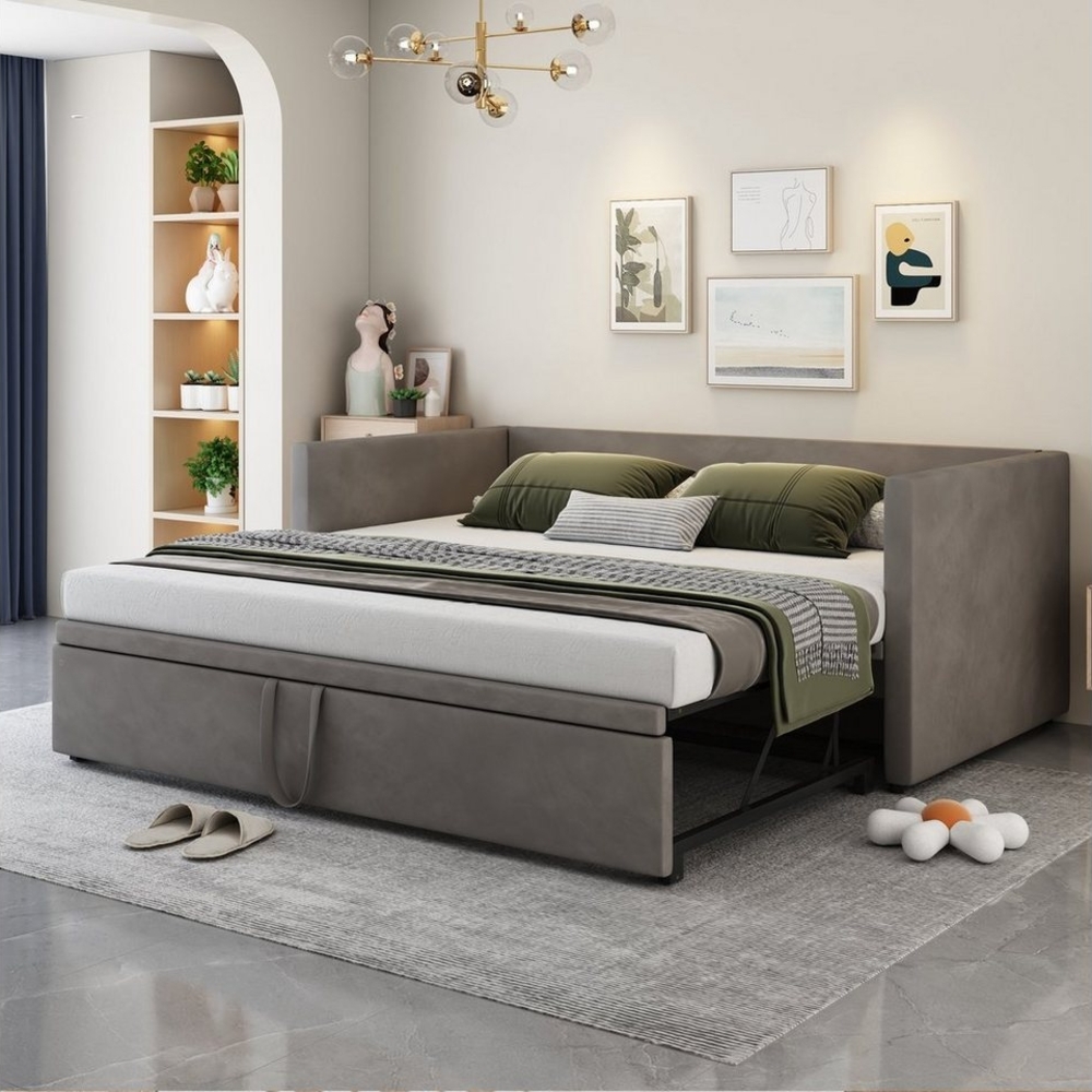 HAUSS SPOLE Schlafsofa 90/180x200 cm Ausziehbares Schlafsofa mit Lattenrosten, Samt Grau Bild 1