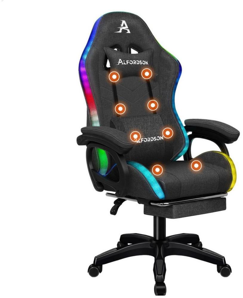 ALFORDSON Gaming-Stuhl mit 8-Punkt-Massagefunktion, mit RGB-Beleuchtung, mit Lendenwirbelstütze und Kopfstütze, Stoff, Dunkelgrau Bild 1