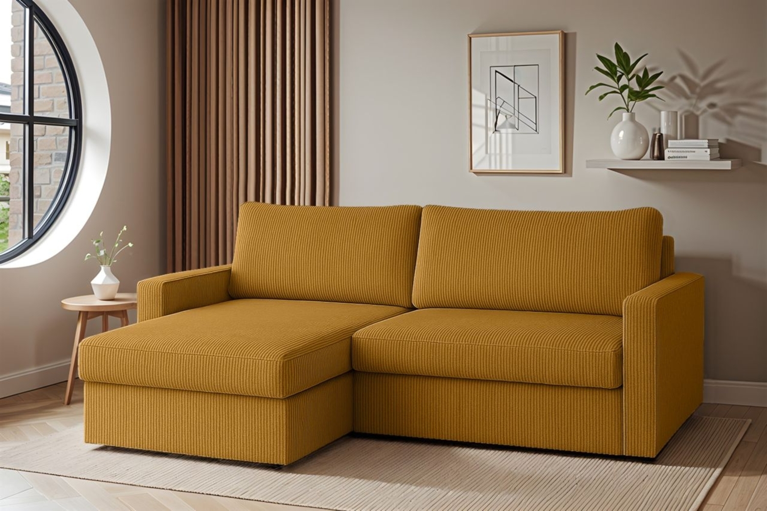 Ecksofa Sofa mit Schlaffunktion BENDIK Stoff Poso Honiggelb Ottomane Links Bild 1