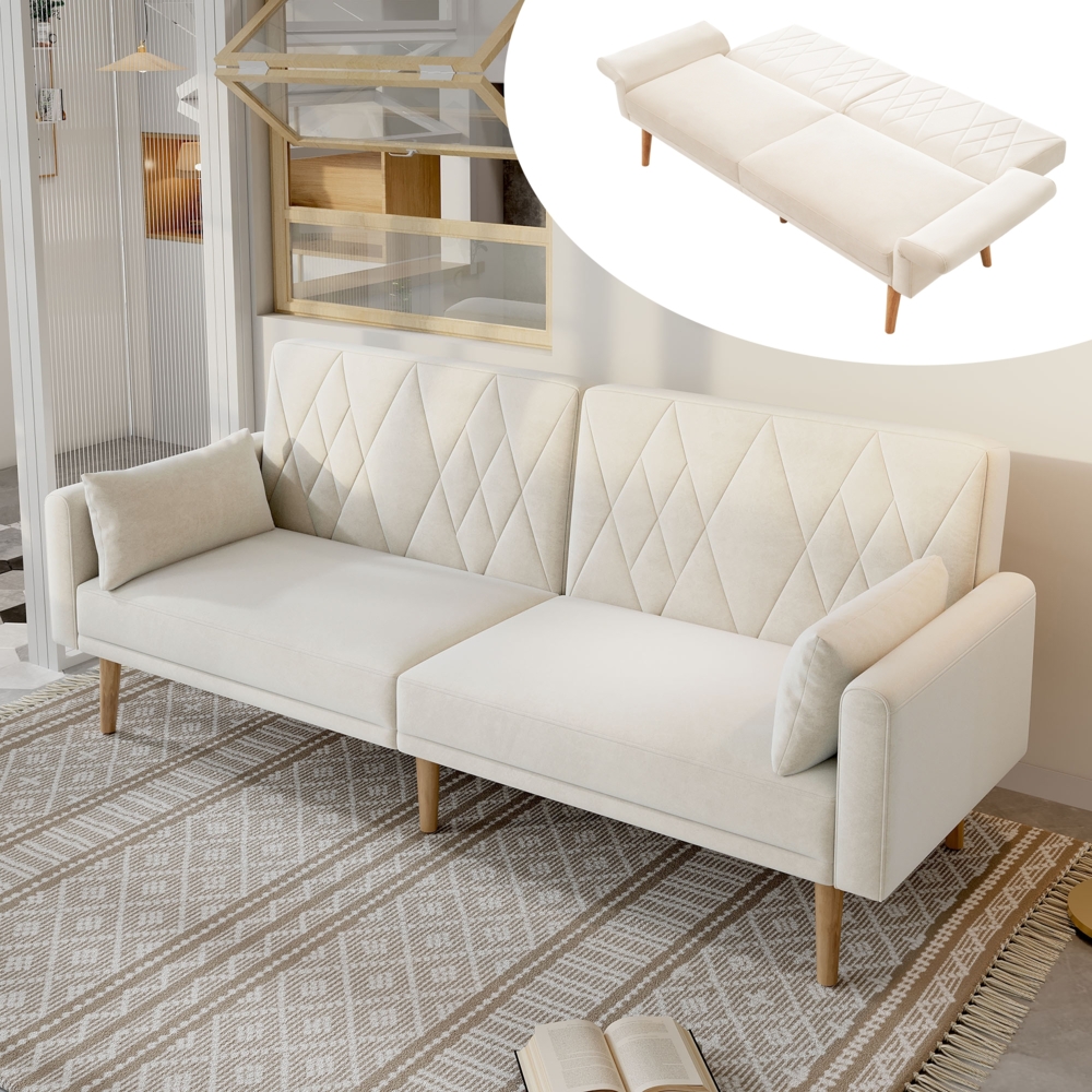 Merax Zweisitzer-Sofa, Schlafsofa mit Schlaffunktion, Schlafsofa aus Samtstoff, geeignet für Wohnzimmer, Schlafzimmer, Heimkino, Gästezimmer, Beige Bild 1
