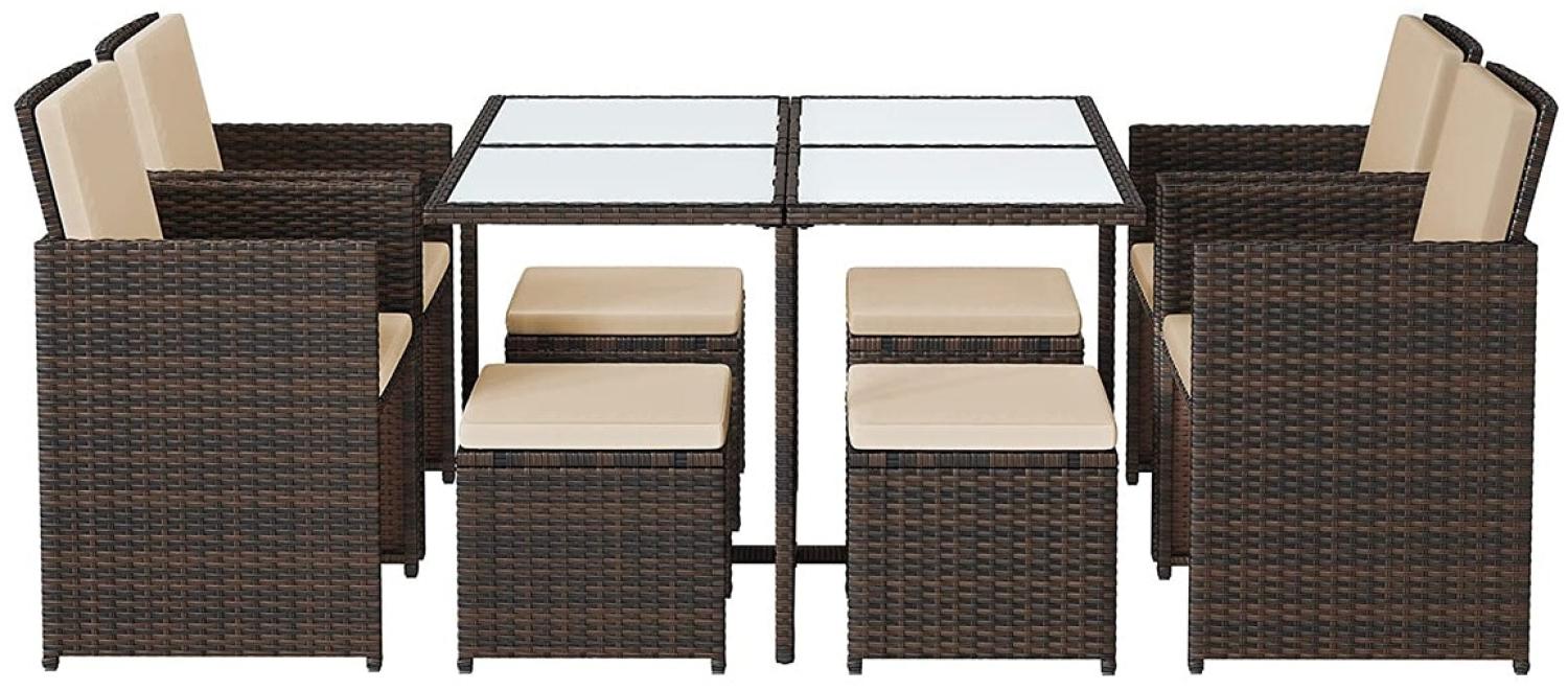 Balkonmöbel, Gartenmöbel-Set, Esszimmermöbel, Esstisch und Stühle, 9er Set, aus PE-Rattan, Terrassenmöbel, Couchtisch mit Glasoberfläche, mit Kissen, platzsparend, braun-beige GGF009K02 Bild 1