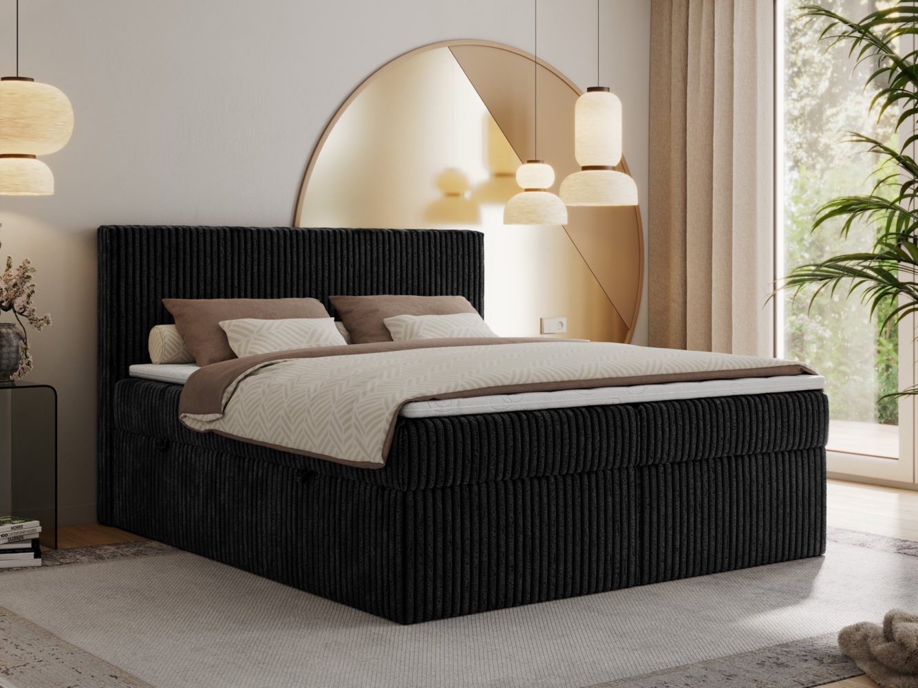 Boxspringbett mit Kopfteil und Topper, Cord Bett - TILIANO - 140 x 200 cm - Schwarz Cord - H3 Bild 1