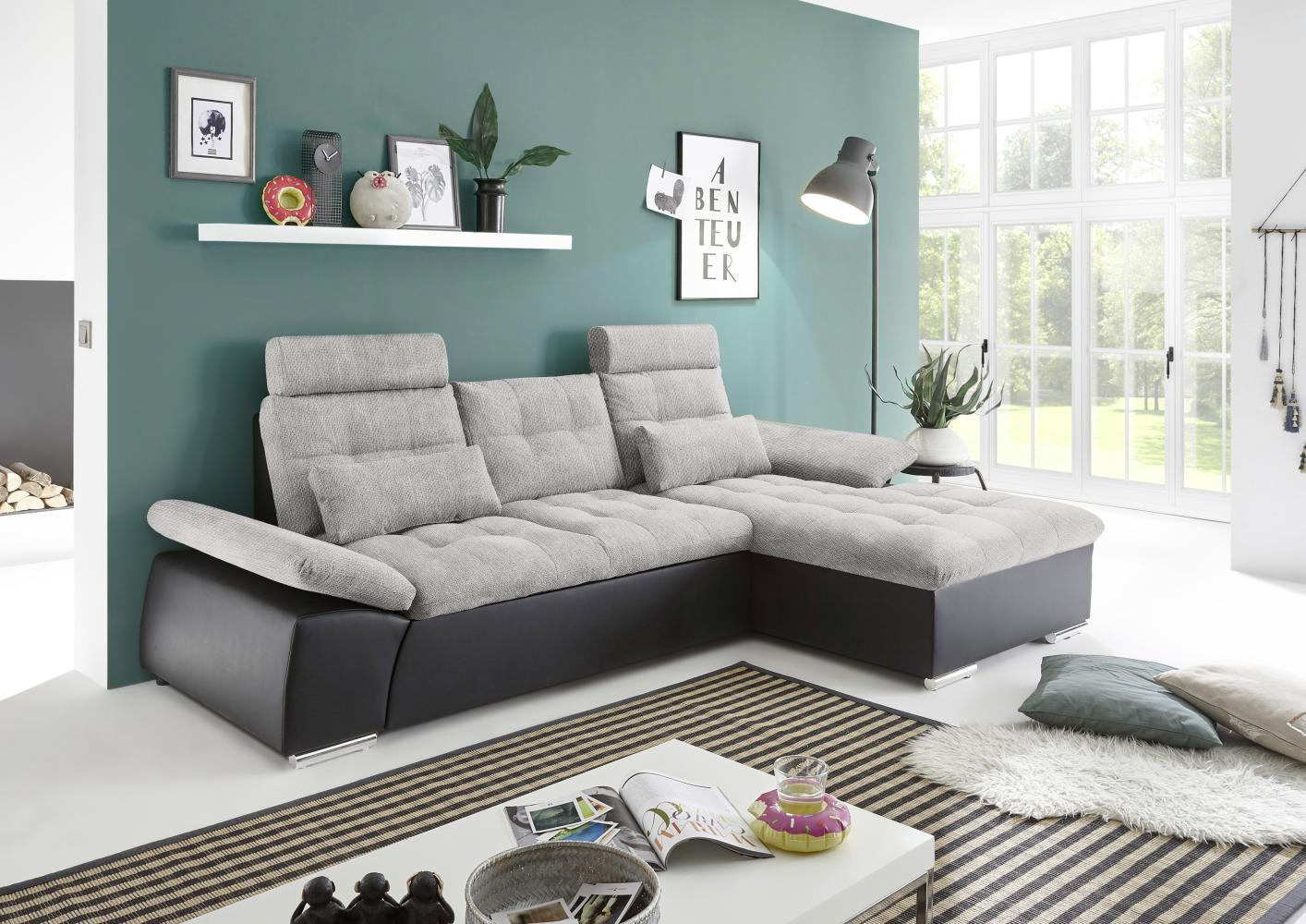 Ecksofa Couch Schlafcouch Schlafsofa Lederlook schwarz silber Ottomane rechts L Bild 1