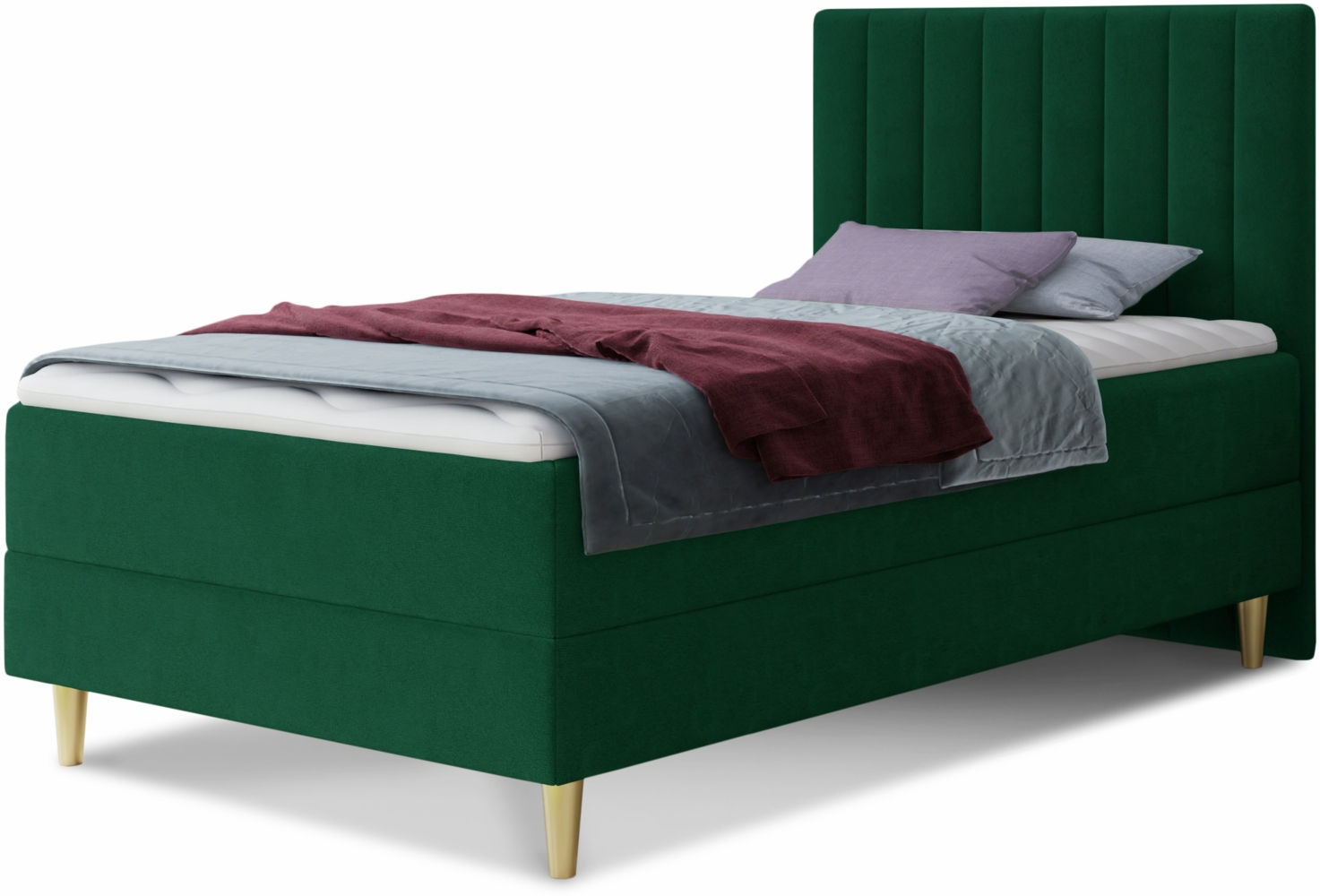 Boxspringbett Gold Mini mit Bettkasten, Bonell-Matratze und Topper - Einzelbett mit Matratzentopper, Polsterbett, Bett, Schlafzimmer, Jugendzimmer, Velours Stoff (Grün (Manila 35), 90 x 200 cm) Bild 1