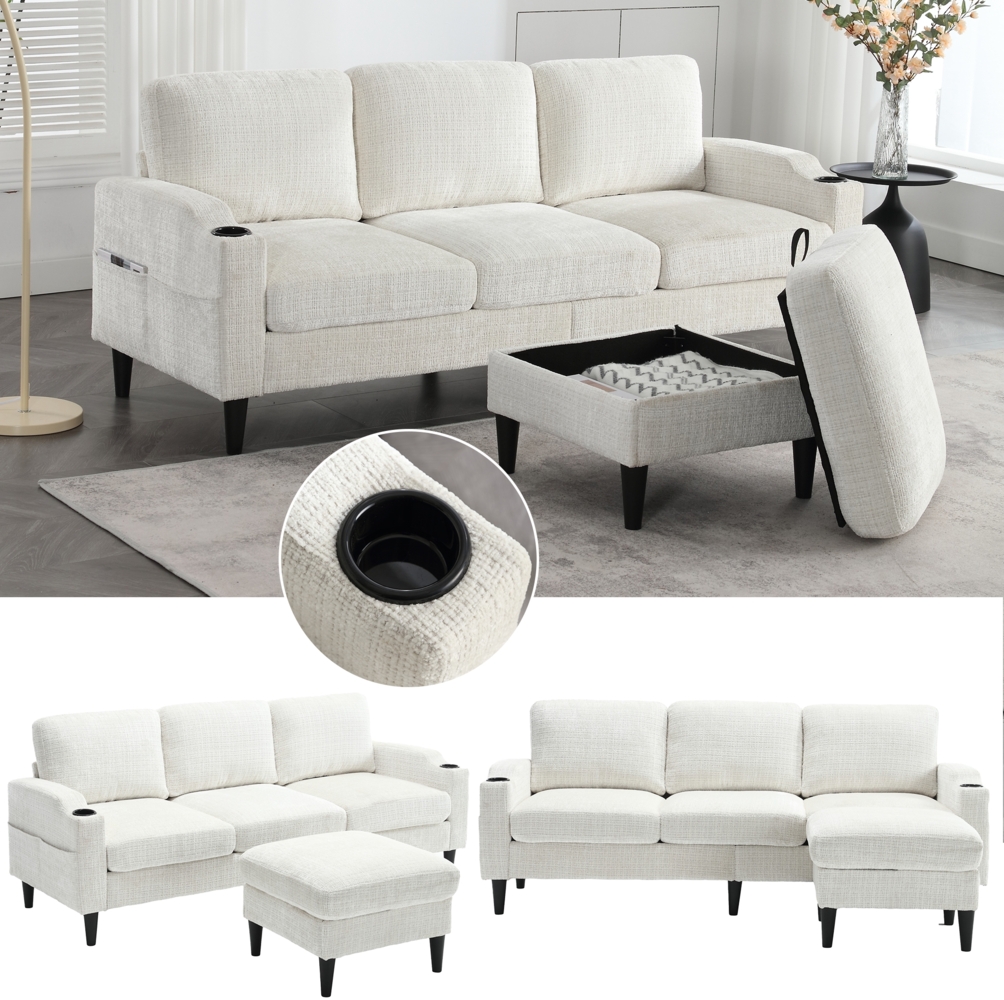 LVHOM Loungesofa mit Hocker & Stauraum, 4-Sitzer, Armlehnen, Getränkehalter, Seitentaschen, weiche Chenille-Stoff, modulare Sofa, Beige Bild 1