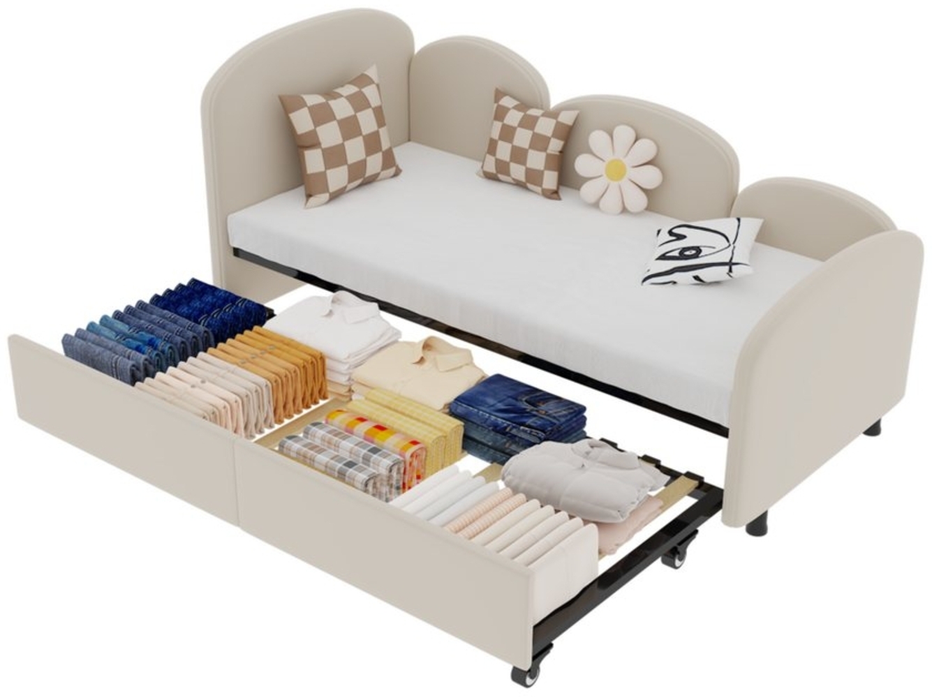 HAUSS SPLOE Kinderbett 90×200cm Polsterbett Schlafsofa mit Ausziehbett, Sicherheitsrand Design (Samt gepolstertes Stauraumbett in Blumenform mit Schubladen –, Sicheres und praktisches Kindertagesbett fürAlle Zimmer), Ohne Matratze Bild 1