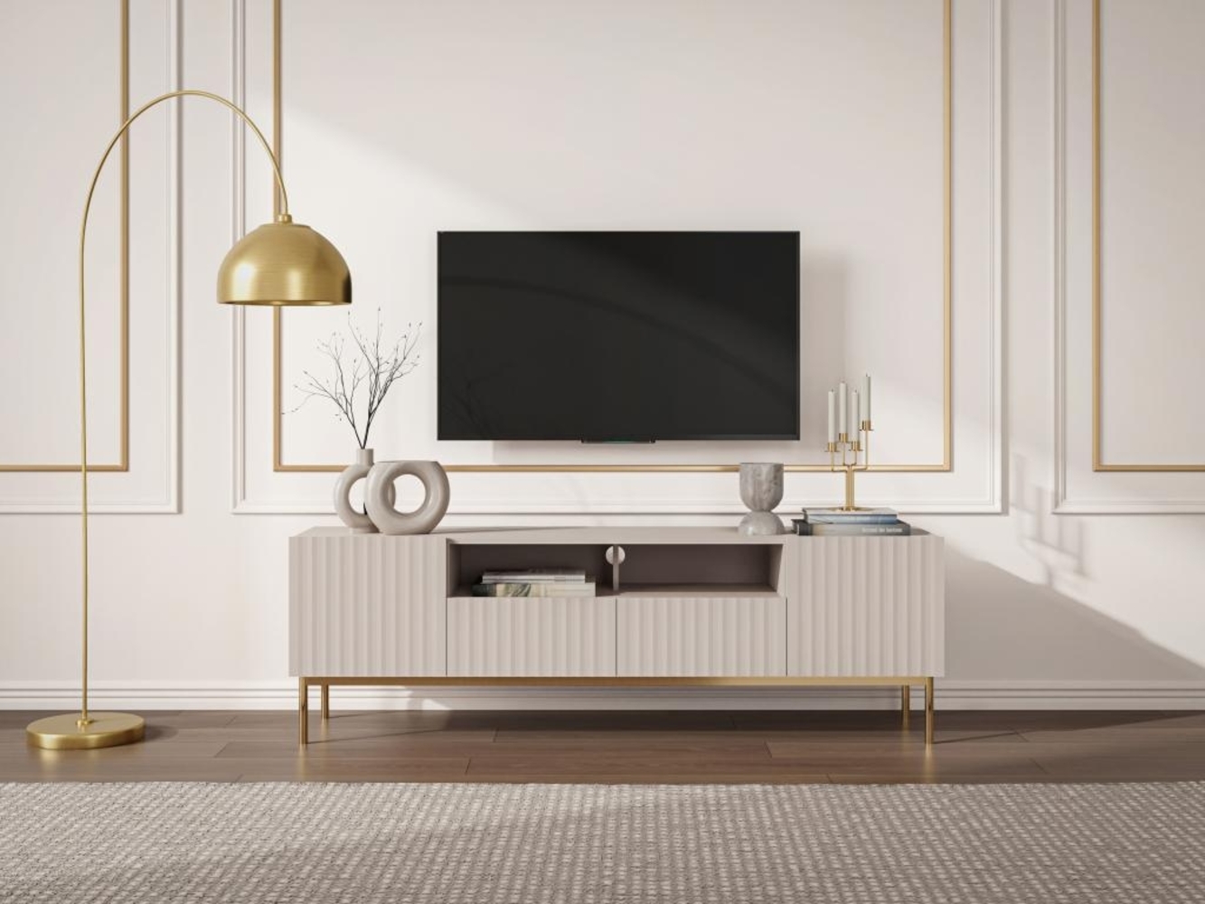 Vente-unique - TV-Möbel - 2 Türen, 2 Schubladen und 2 Ablagefächer - MDF und Stahl - Beige und Goldfarben - EVILANA Bild 1