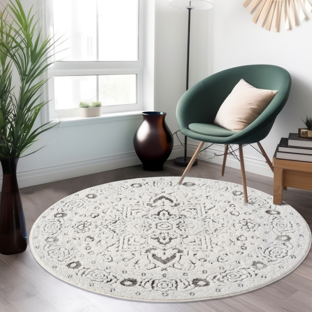 Teppich Rund 200x200cm - Creme-Grau Ornamte Muster Boho Design Flachflor Hochtief Struktur Bodenbelag Deko Bild 1