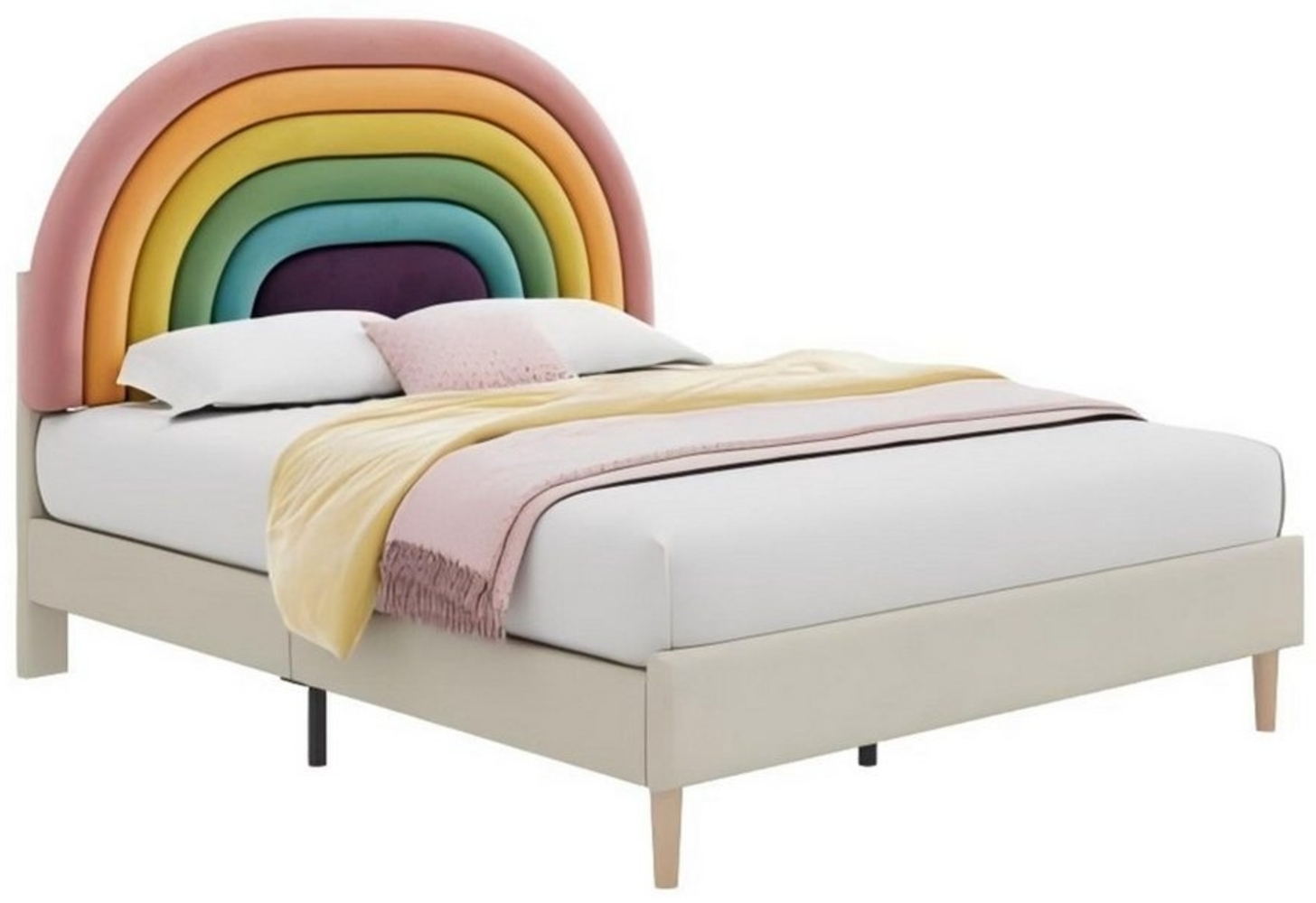 Odikalo Polsterbett Regenbogen Lattenrost verstellbar Kopfteil Samt Beige/Rosa 140/90x200 Bild 1