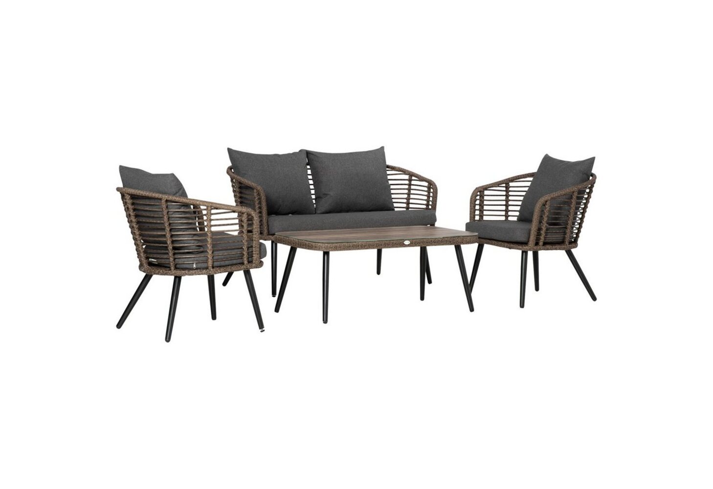 Outsunny Sitzgruppe 4-teiliges Polyrattan Gartenmöbel Set Teetisch mit Kissen, (Rattensofa-Set, 4-tlg, Gartenmöbel), Stahl Braun+Grau 135B x 67T x 76H cm Bild 1