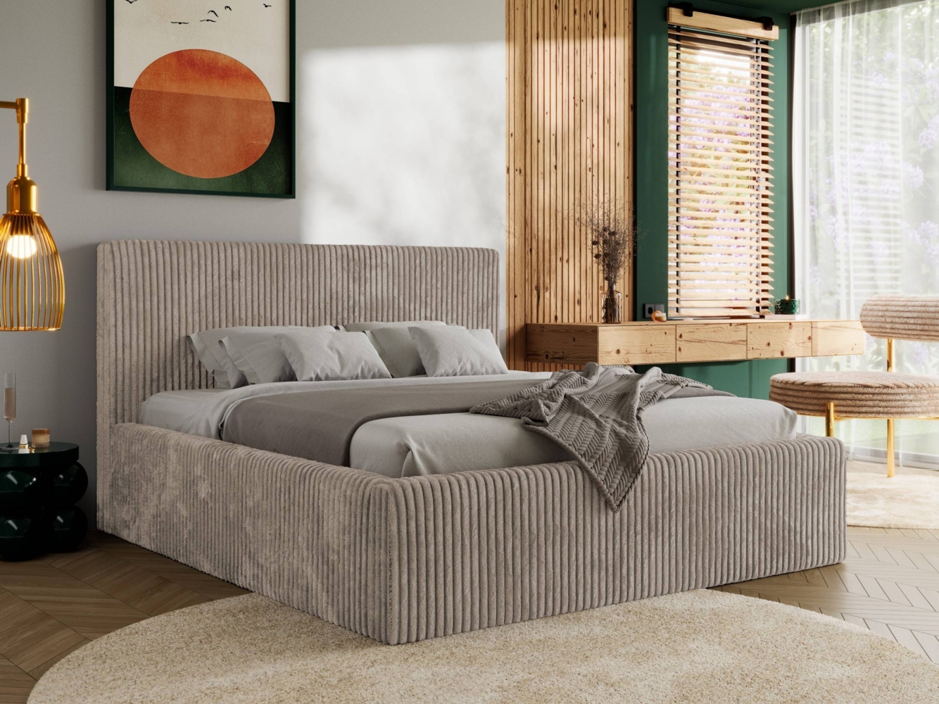 Polsterbett mit Stauraum Lattenrost TILIANO CLASSIC Bett gepolstert Doppelbett mit Kopfteil Foam Matratze - 200x200 cm - Hellbraun Cord - MIRO LUX Bild 1