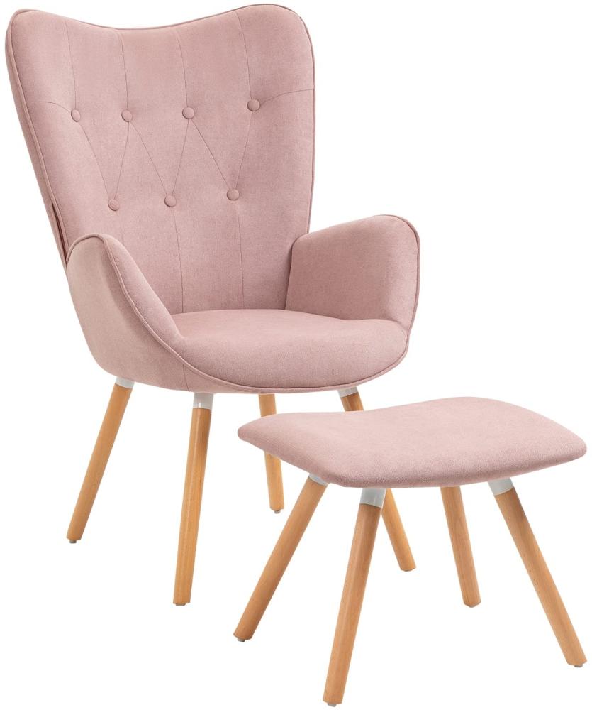 MEUBLE COSY Sessel mit Hocker Relaxsessel Lehnstühle Polstersessel Einzelsofa Ohrensessel für Wohnzimmer Schlafzimmer Büro Vanity, Holzbein, Stoff, Rosa, Holz, 68x73x106 cm Bild 1