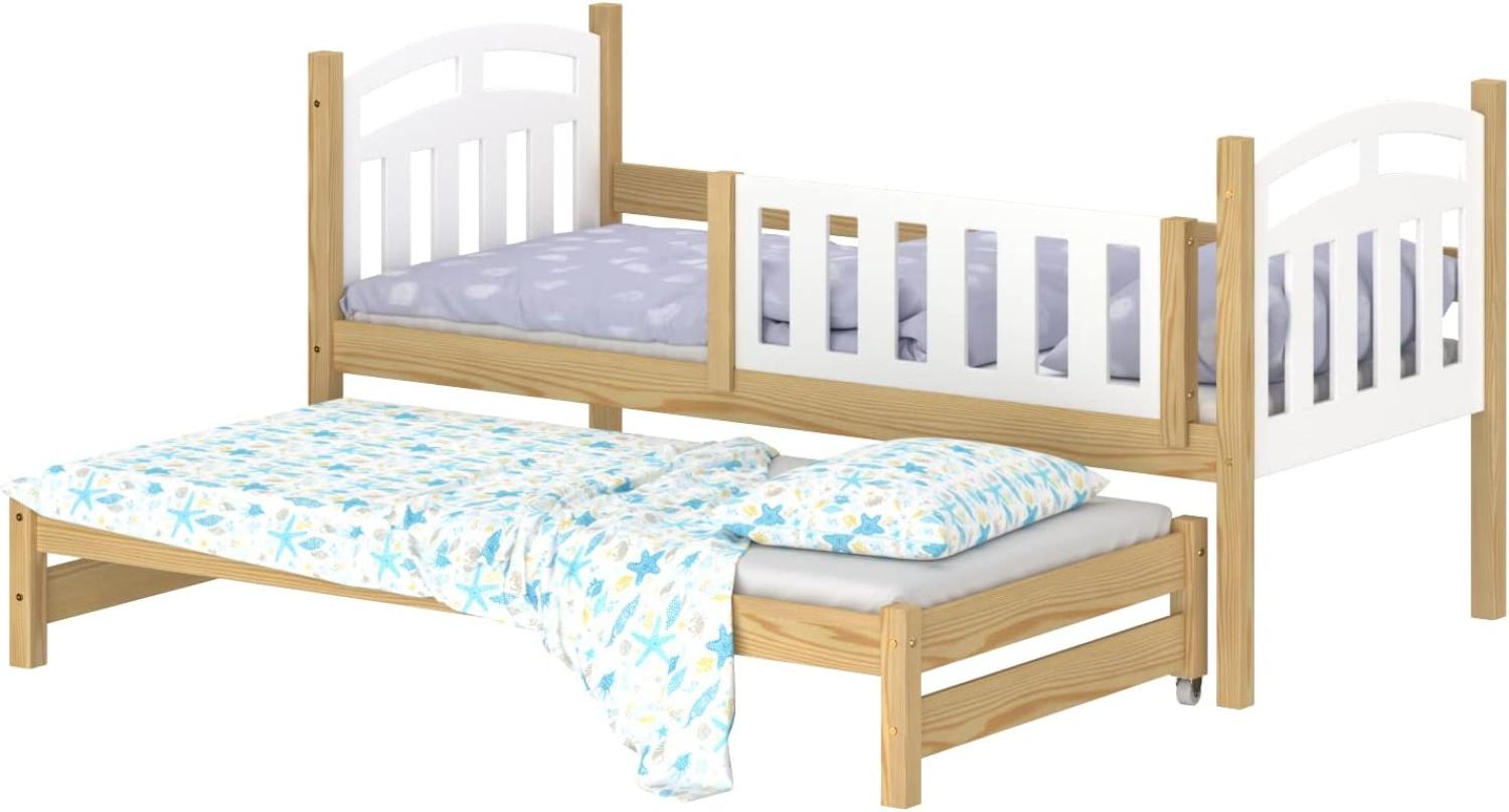 WNM Group Kinderbett Ausziehbar Suzie - aus Massivholz - Ausziehbett fr Mdchen und Jungen - Hohe Qualitt Bett mit Rausfallschutz fr Kinder Natrliche Kiefer - 180x80 / 170x80 cm Bild 1