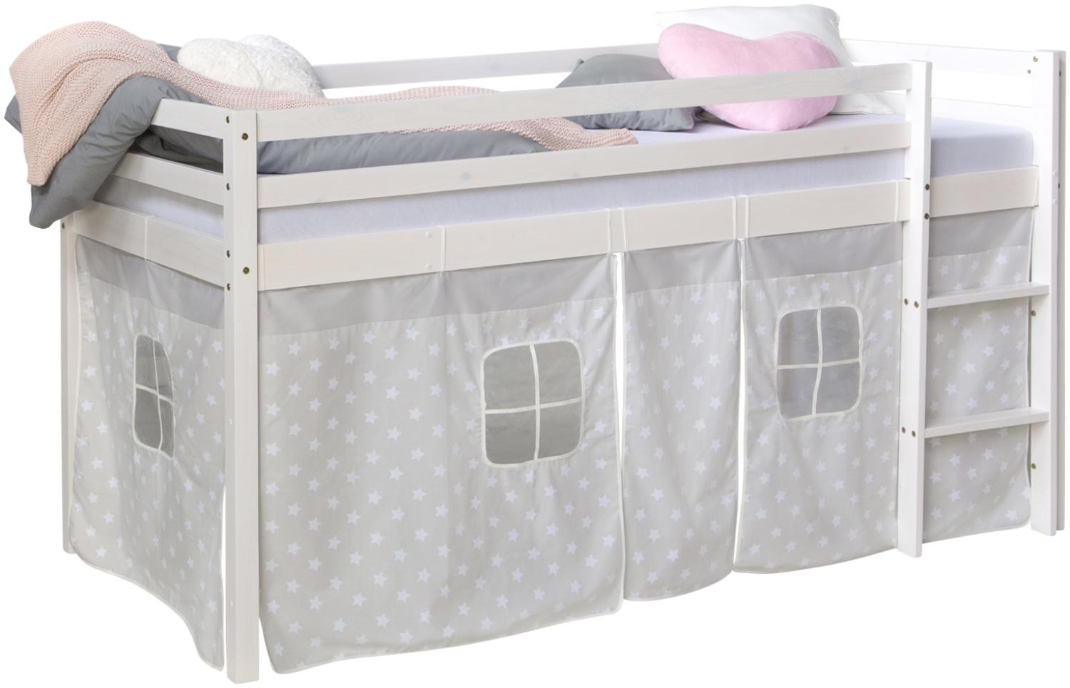 Hochbett Kinderbett Kiefer Leiter Vorhang grau Stern 90x200 Jugendbett Bild 1