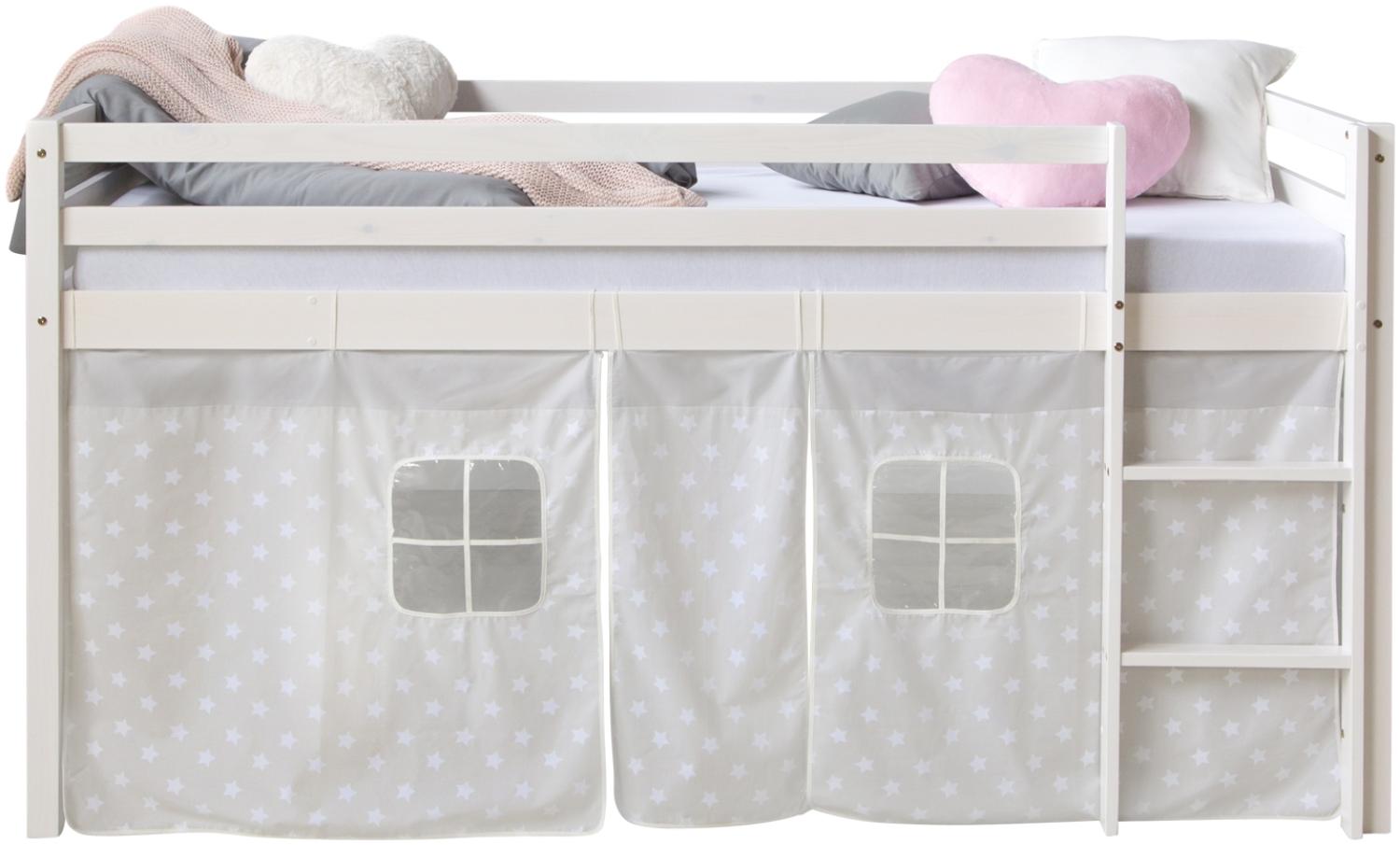 Hochbett Spielbett Kinderbett Kiefer Leiter Vorhang grau Stern 90x200 Jugendbett Bild 1