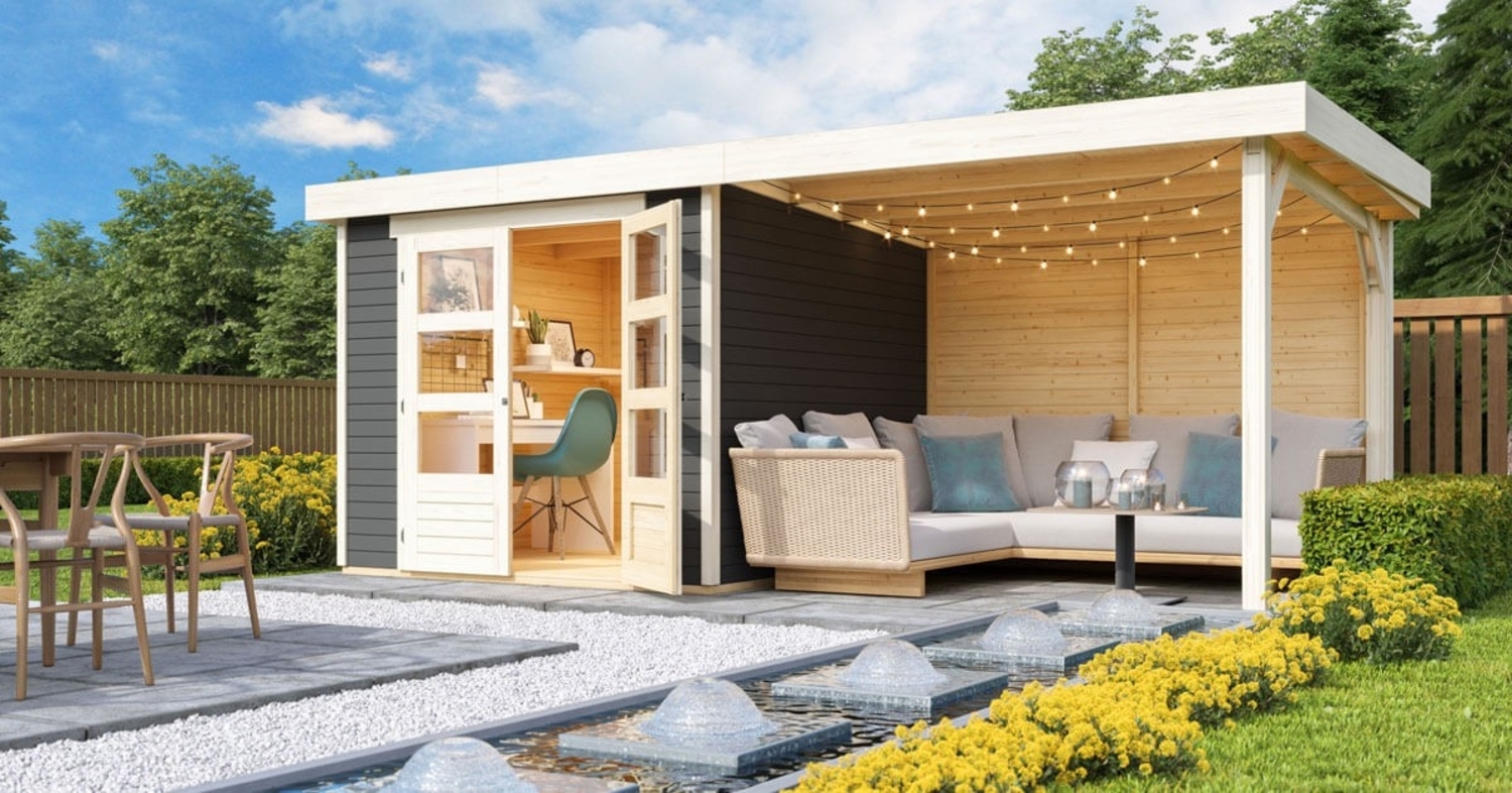 Gartenhaus Askola 3,5 - 242x246 cm inkl. Anbaudach 2,80 m mit Rückwand, 19 mm Holz terragrau Bild 1