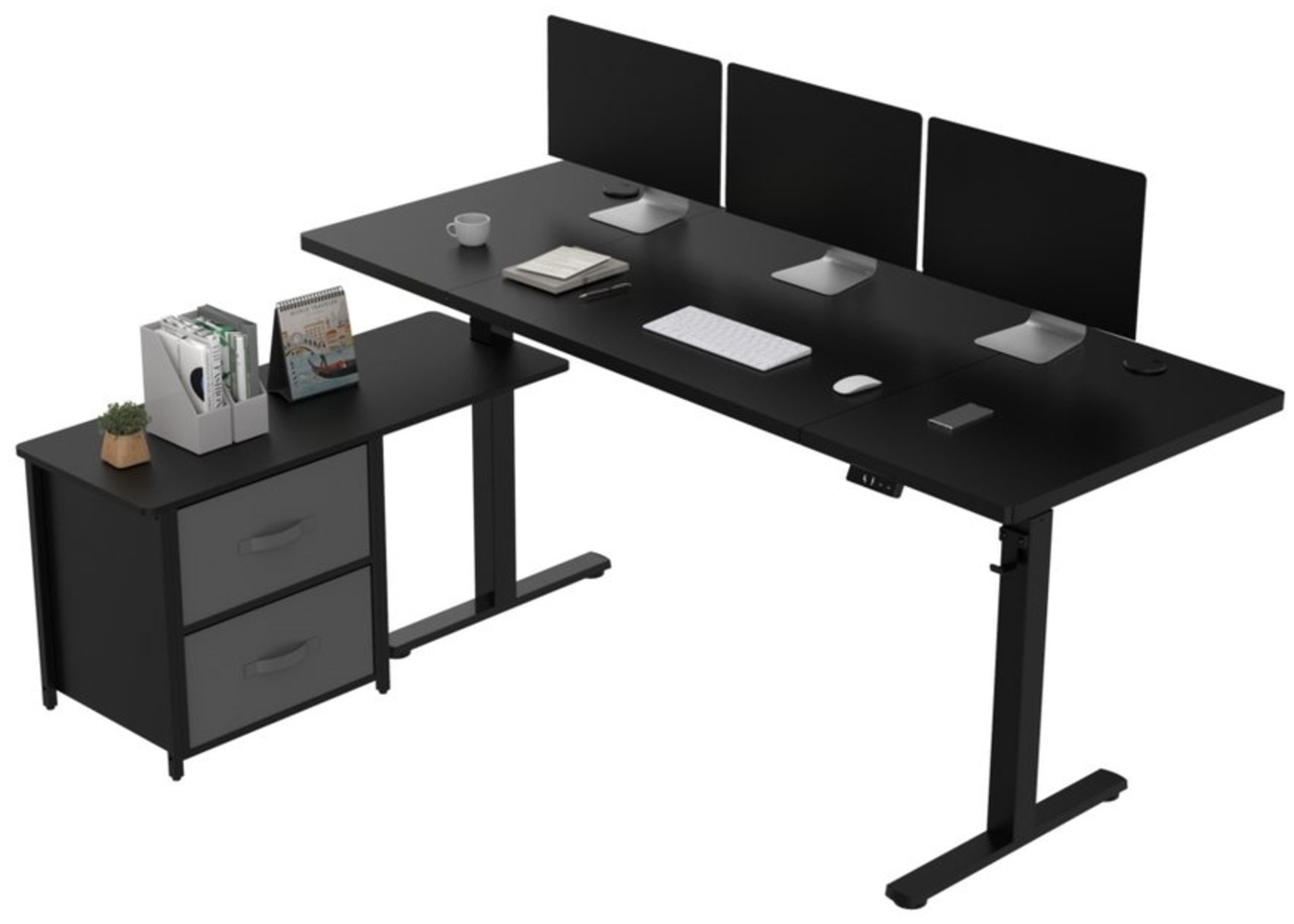 FLEXISPOT Schreibtisch Höhenverstellbarer Schreibtisch mit Seitenschublaben, L-förmig, Stauraum und Haken, 160 x 70 cm, Höhen-Memory-Funktion Bild 1