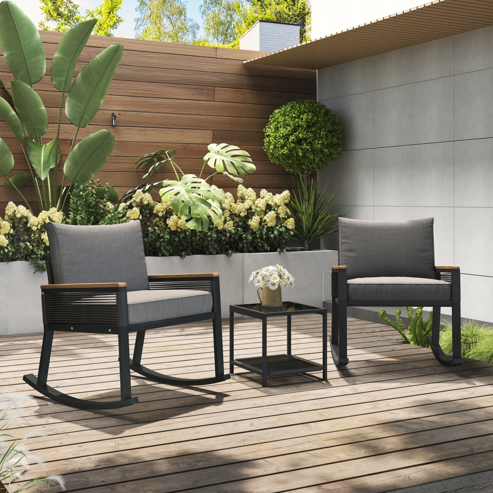 Gartenlounge-Set Outdoor Möbel Set – 2 Schaukelstühle, mit Seil, Couchtisch aus Glas, Sitzkissen und Rückenlehne Bild 1