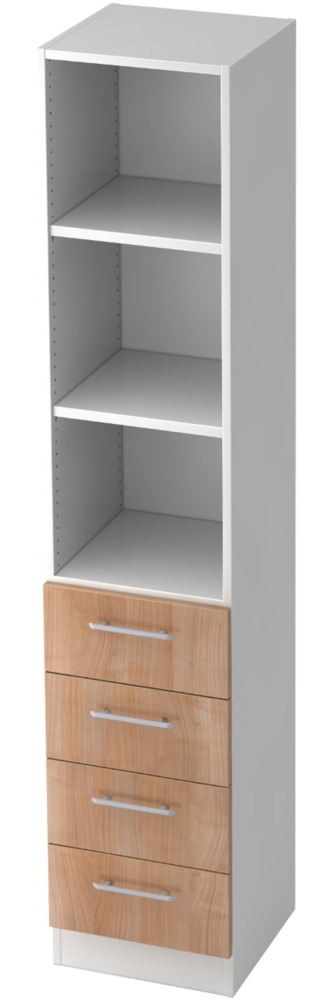 bümö office Aktenschrank Regal mit Schubladen, Büroschrank schmal aus FSC-Holz, 40cm breit in Weiß/Nussbaum - Aktenregal & Schubladenschrank mit Relinggriffen, Büro Möbel Schrank System, 7600-W-N-RE Bild 1