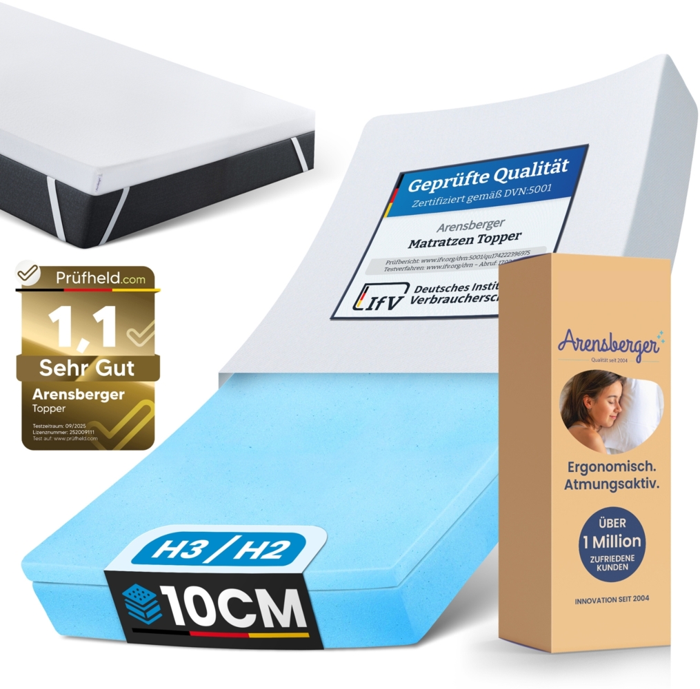 Arensberger Matratzen Topper LUXURY, 180x200cm, Gelschaum und Memory Gel Foam Matratzentopper, waschbar, geeignet für Federkern & Matratzen, Höhe 10cm Bild 1