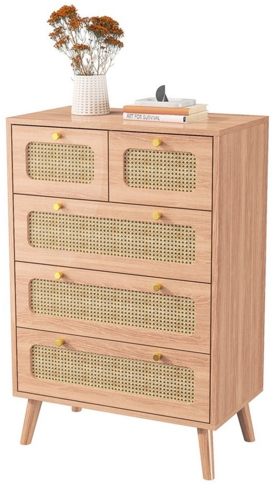 FUROKOY Sideboard Kommode Küchenschrank, Holzbeine (Buffetschrank Highboard mit 5 Rattan Geflechte Schubladen), für Schlafzimmer, Wohnzimmer, Flur, 60 x 34 x 91 cm Bild 1