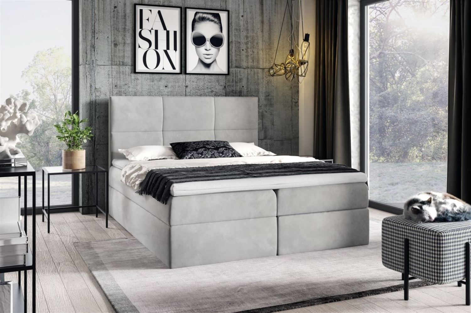 Boxspringbett Schlafzimmerbett HUDSON 200x200cm in Stoff Fresh Hellgrau Bild 1