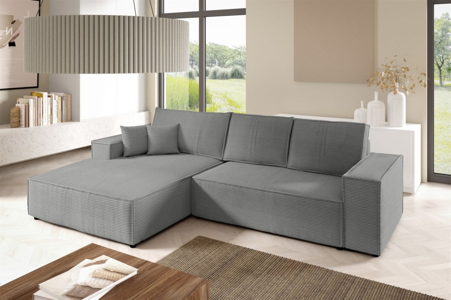 Ecksofa Schlafsofa CORUNIA Stoff Poso Graublau Ottomane Links Bild 1