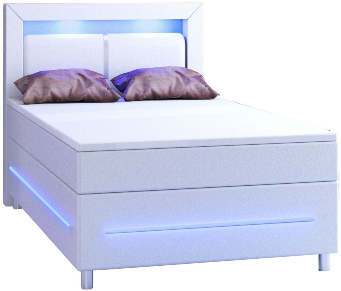 Juskys Boxspringbett Norfolk 120x200 cm – LED Beleuchtung, Bonell-Matratze, Topper & Kunstleder – 66 cm Komforthöhe – weiß – Bett Boxbett Bild 1