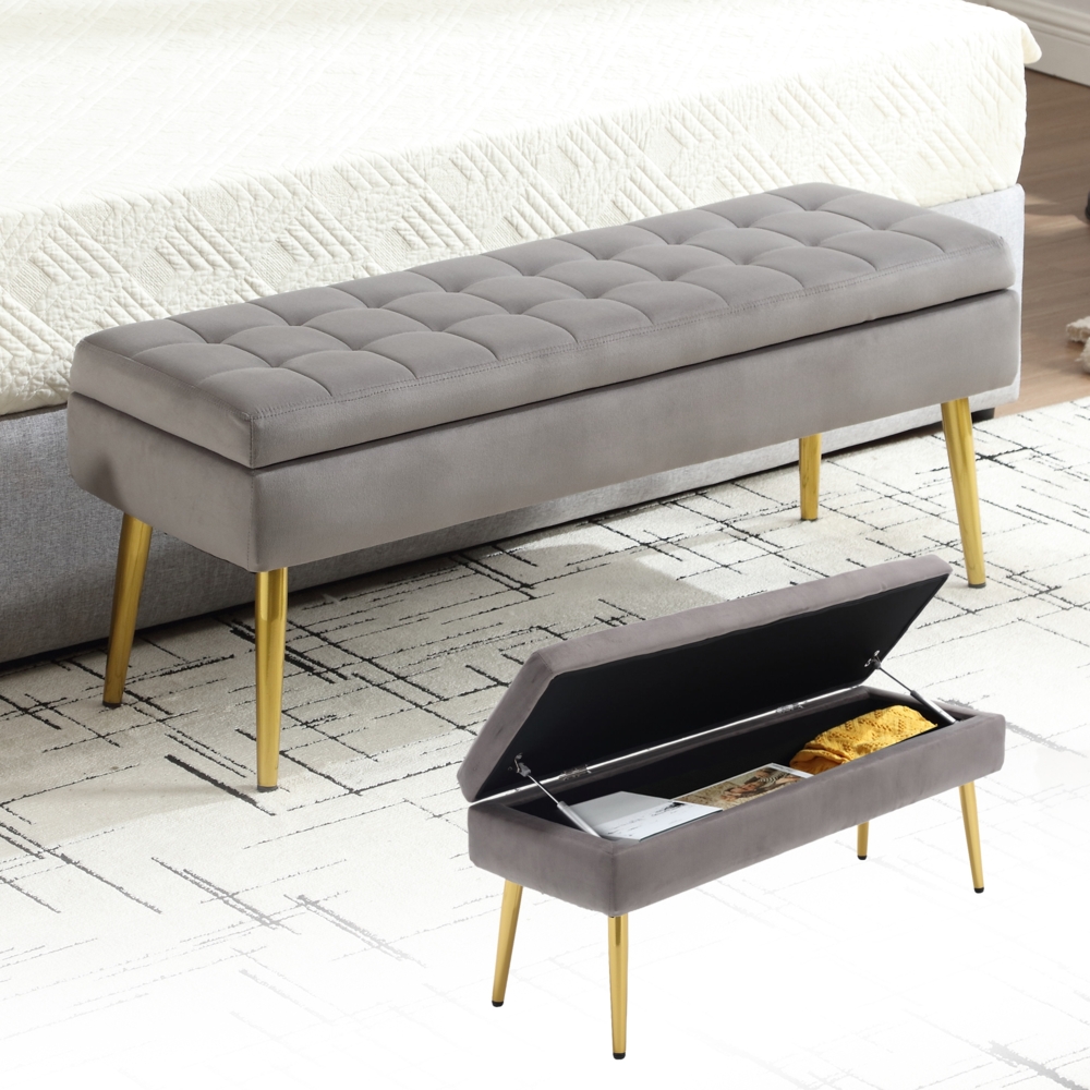 LVHOM Bettbank mit Stauraumfunktion, Schuhbank mit goldenen Metallbeine Samtstoff Sitzhocker, Sitztruhe Aufbewahrungsbox Bild 1