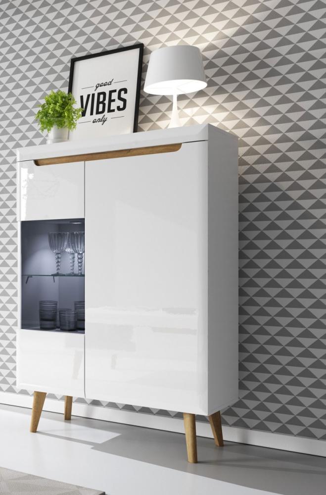 Highboard Nordi Vitrinenschrank 90cm weiß Hochglanz riviera eiche MDF grifflos Bild 1