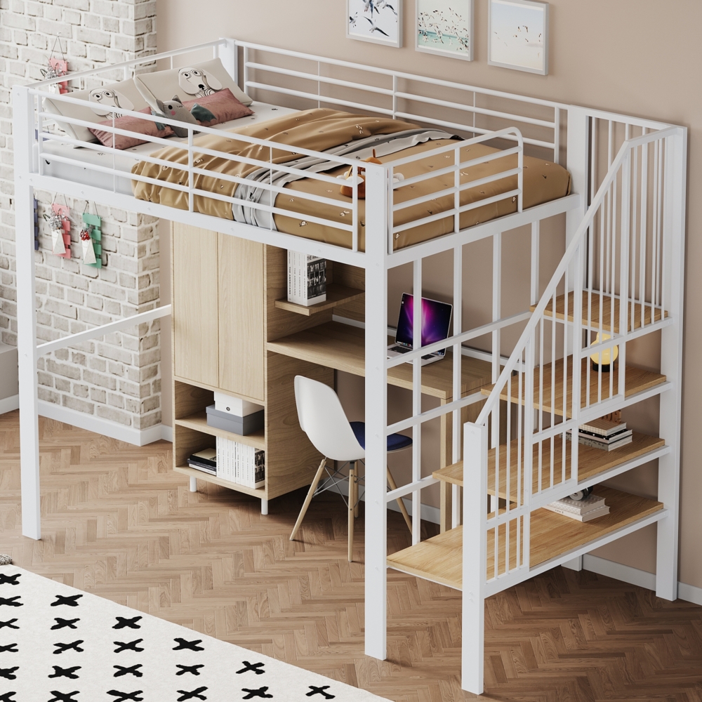 Merax Hochbett Metallbett Kinderbett 140x200cm mit großen Stauraum und Treppe, weiß Bild 1