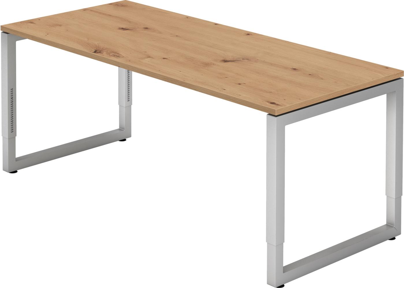 bümö höhenverstellbarer Schreibtisch R-Serie 180x80 cm in Asteiche, Gestell in Silber - großer PC Tisch für's Büro manuell höhenverstellbar, Computertisch verstellbar, RS-19-R-S Bild 1